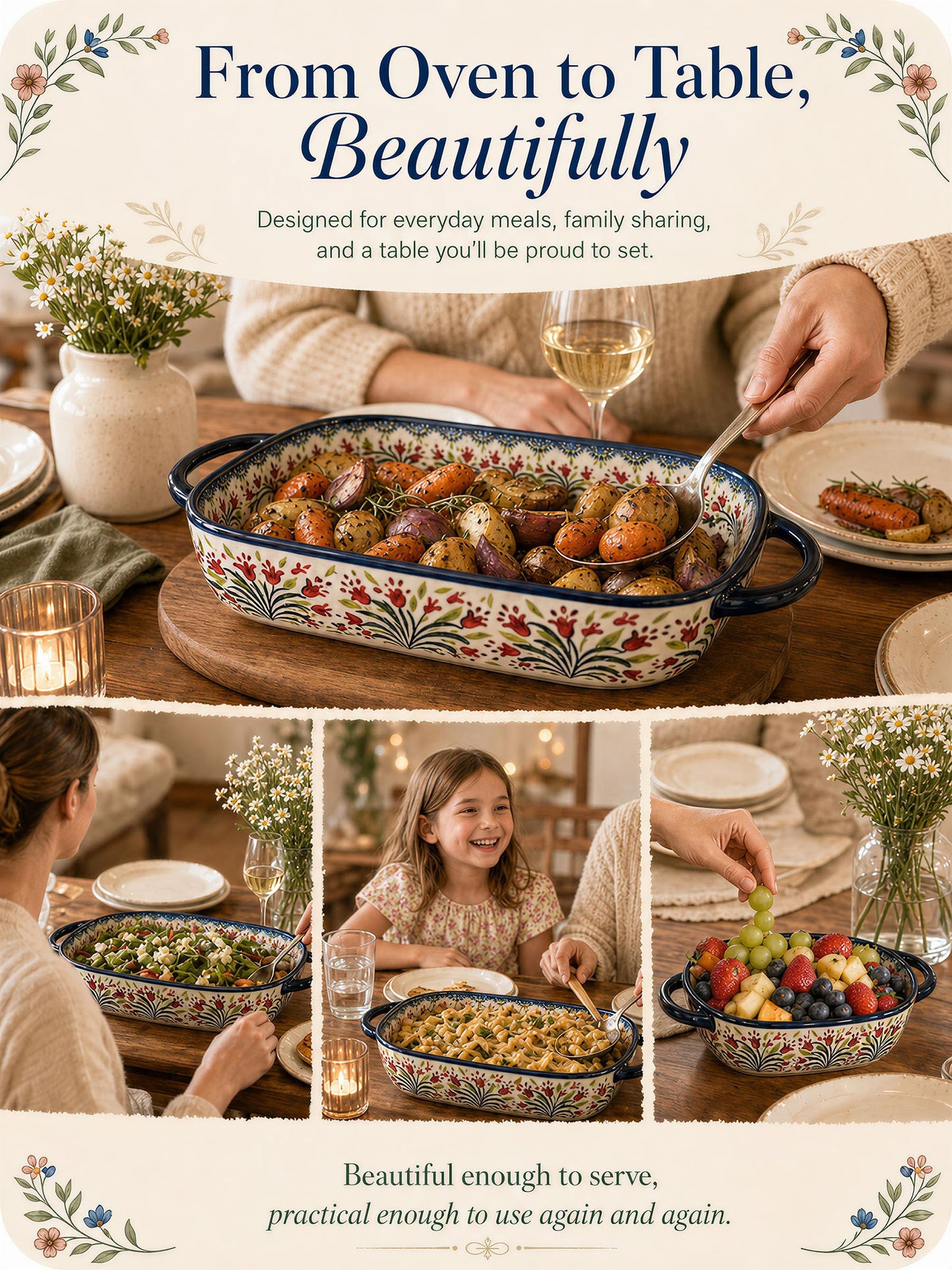 Polish Pottery Style Ceramic Baking Dish Set, 2-Piece Large & Small Casserole Bakers for 2–3 People, Floral Oven-to-Table Bakeware, Microwave & Dishwasher Safe, Gift-Ready with Protective Packaging