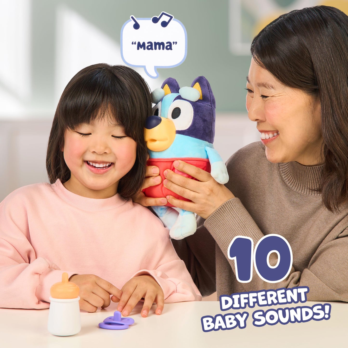 Bluey Baby Pampering & Caring, Feeding & Soothing Baby, 28cm Electronic Plush Toy with 10 Different Baby Sounds, 2 Accessories and Removable Diaper