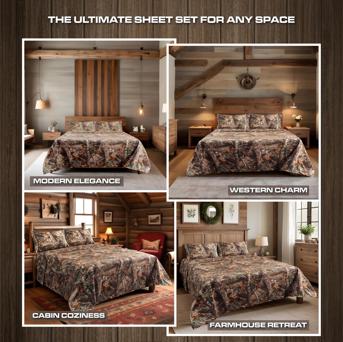 VISI-ONE Realtree Edge Queen Camo 4 Piece Sheet Set – Lightweight, Cooling, Wrinkle-Free Microfiber 13" Deep Pockets Sheets, Unisex Rustic Western Farmhouse Style Made to Complement All Living Spaces