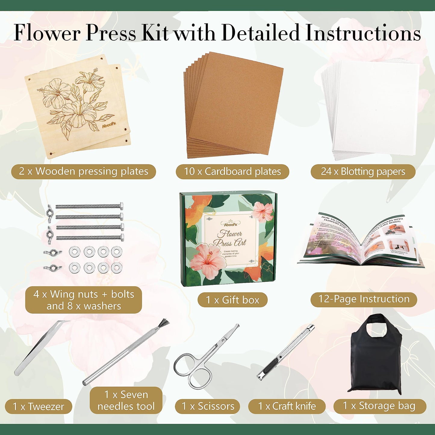 Aboofx Flower Press Kit, Craft Kits 11x11 10 Layers Wooden Flower Pressing Kit for Crafts, Pressed Flowers and Plant Press for St