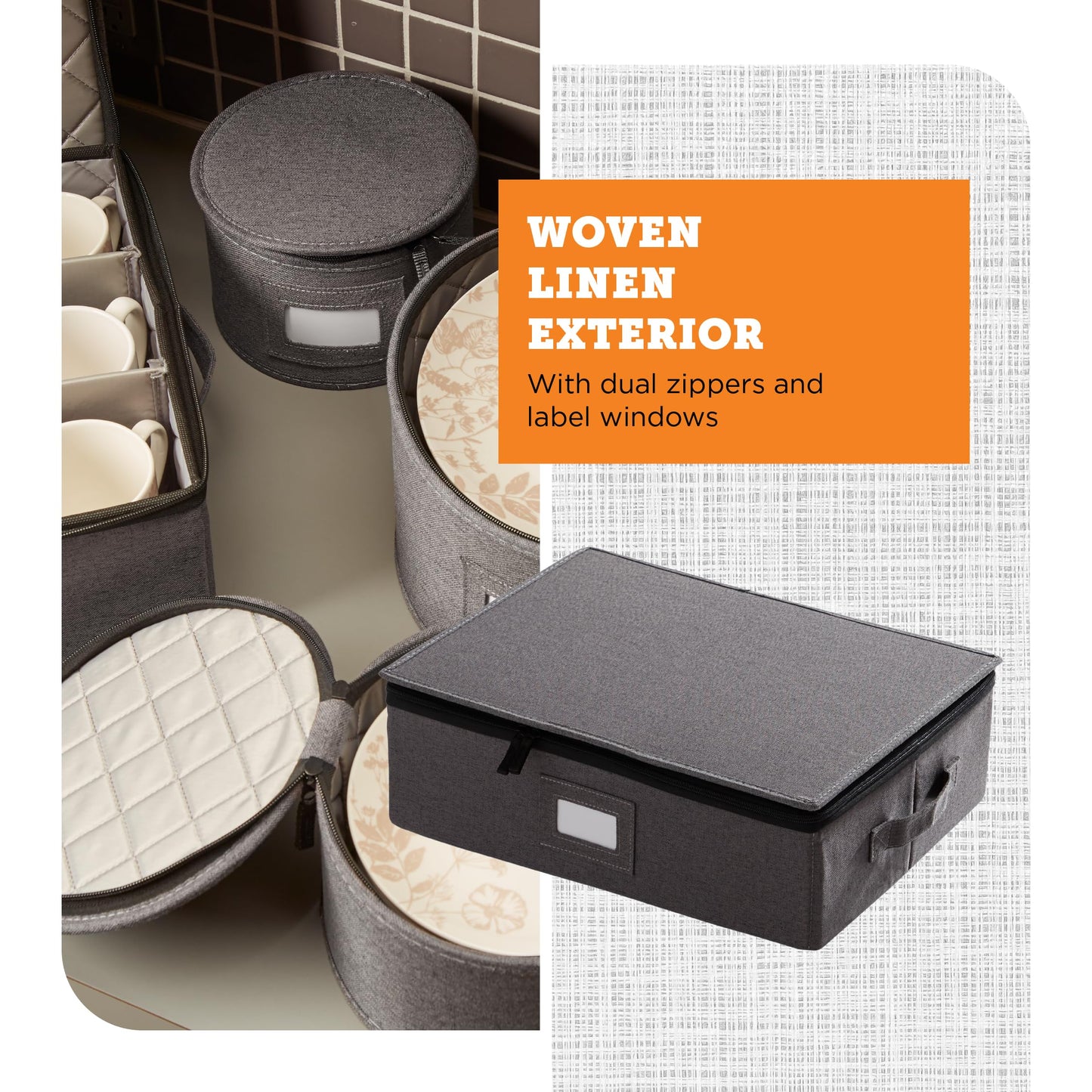 storageLAB China Storage Containers, Hard Shell Case with Felt Dividers for Charger Plates, and Dishes, Ideal for Kitchen Organization, Moving Supplies, and Fine China Storage - 5-Piece Set, Gray