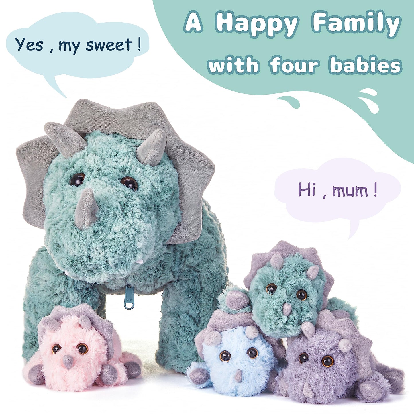 EARTHSOUND Triceratops Dinosaur Mom and Baby Stuffed Animal Mommy Plush,18" Cute Small Mama Soft Toy with Little Babies,Gift for Kid (Triceratops)