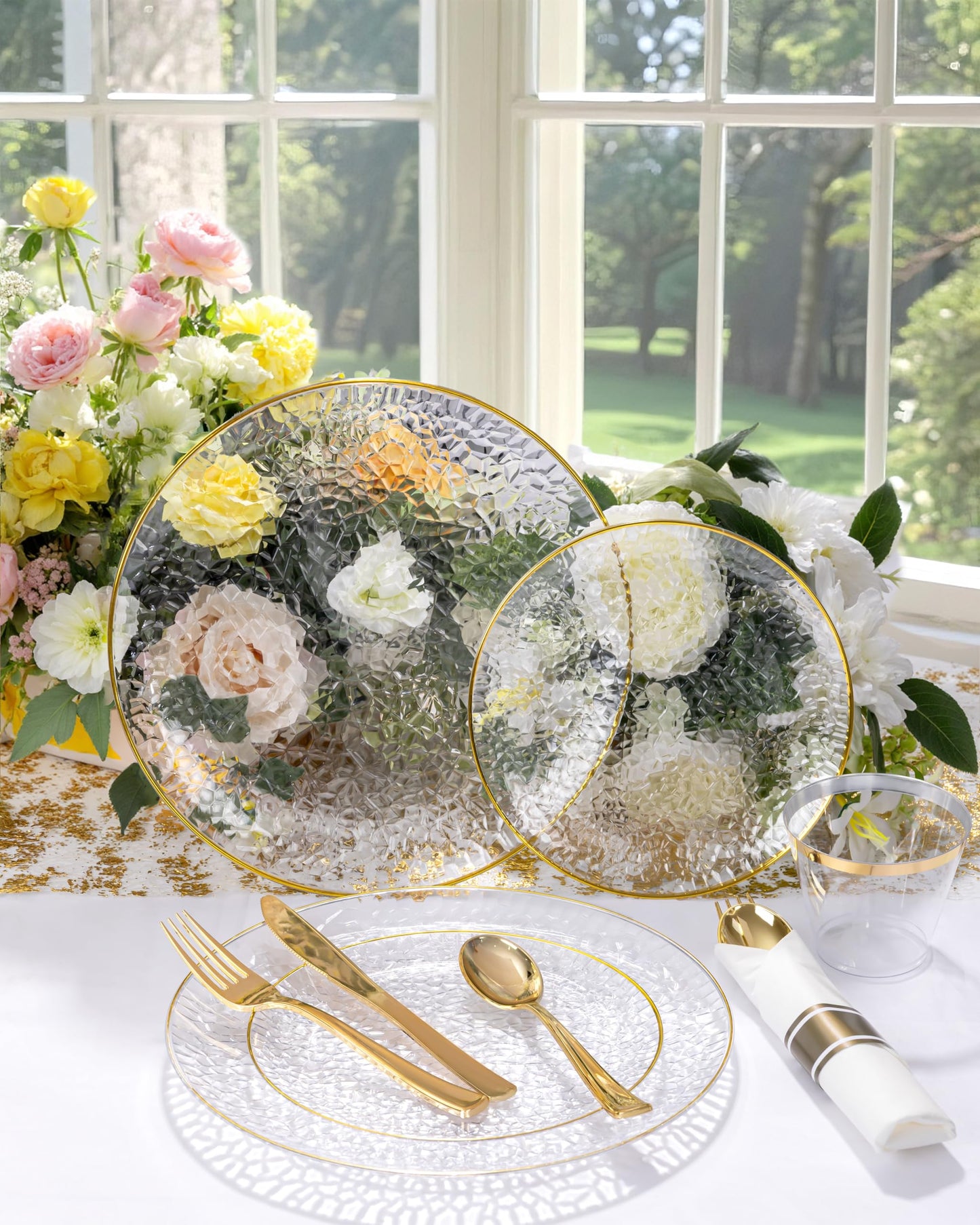 Hioasis 350pcs Clear Gold Plastic Plates - Clear Plastic Dinnerware Set Includes 50 Dinner Plate, 50 Dessert Plate, 50 Cups, 50 Napkins Perfect for Wedding & Party & Wedding