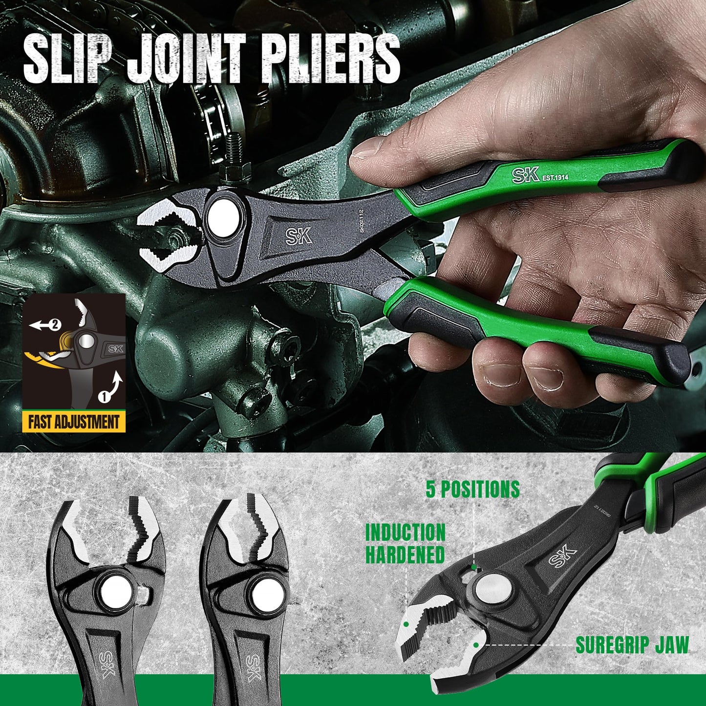 SK 5-Piece Pliers Set, 8" Adjustable Joint Plier, 8", 10" and 12" Quick Adjust V-Jaw Groove Joint Pliers, 10" Plier Wrench, Premium CR-V Construction, with EVA Foam Tool Organizer