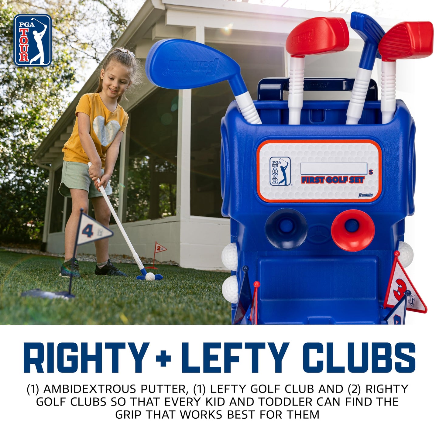 Franklin Sports Kids Toy Golf Set -PGA Tour MyFirst Plastic Golf Clubs+Balls Set for Kids + Toddlers - Mini Toy Righty+Lefty Golf Club Set-Includes Carry Case, (2) Tees,(4) Balls,(4) Holes with Flags
