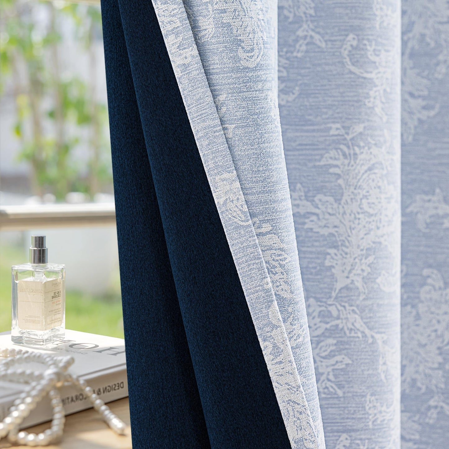 FMFUNCTEX Blue Floral Jacquard Blackout Curtains 84 Inches Long for Bedroom, Scroll Flower Chenille Farmhouse Curtains for Living Room Darkening Thermal Insulated Grommet Window Drapes 2 Panels