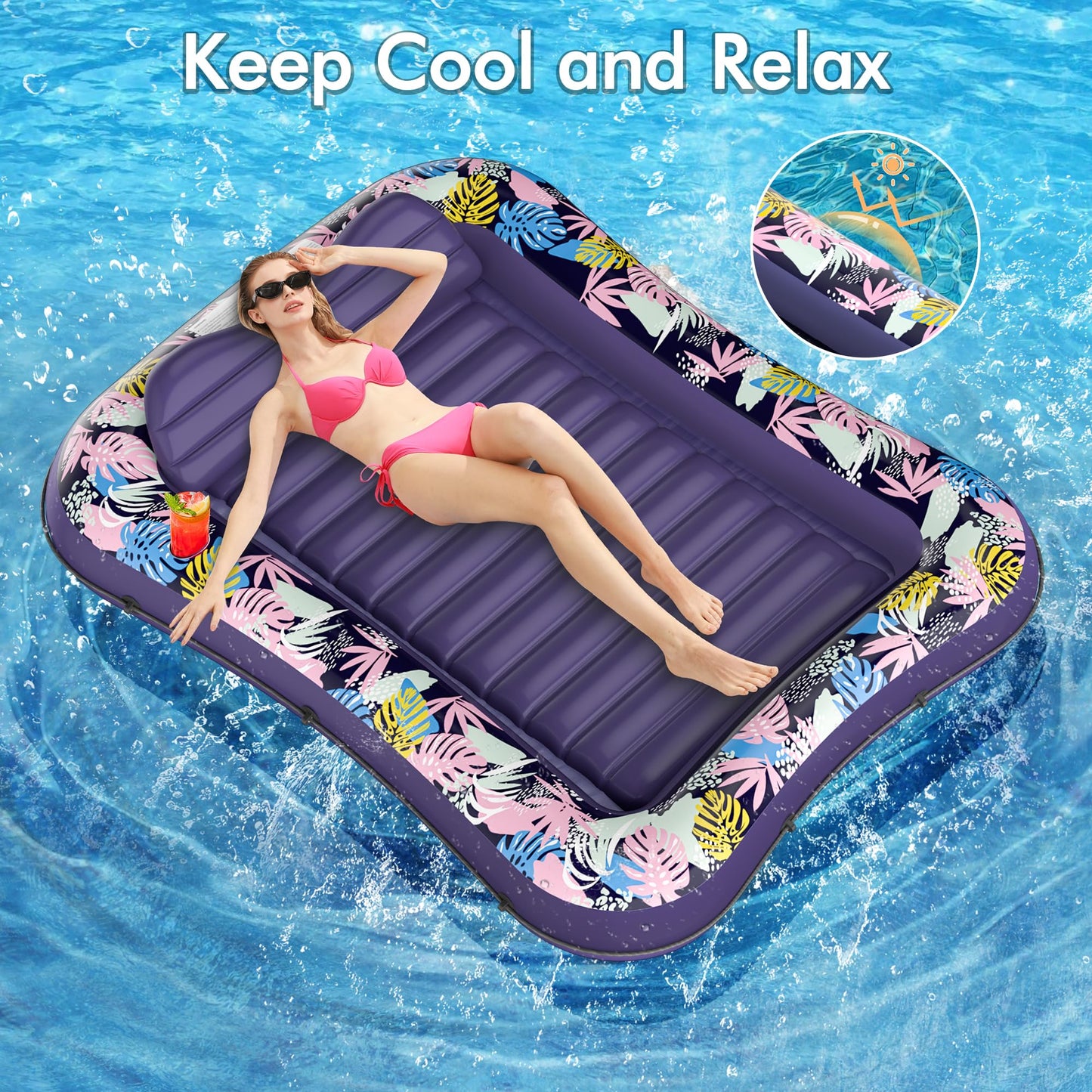 Tanning Pool Floaties for Adults, OKSUWATER Inflatable Tanning Pool Lounge Float with Removable Headrest & Drink Holder, Blow-Up Bed Sun Tan Tub for River & Lake Suntan Swimming Mattress（Purple-L）