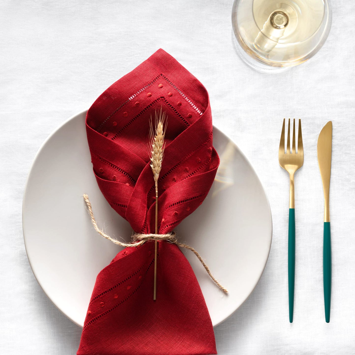 Linen Napkins Set of 4-100% Pure Linen Red Embroidered Dinner Napkins - Hemstitch Cloth Napkins Washable for 4th of July