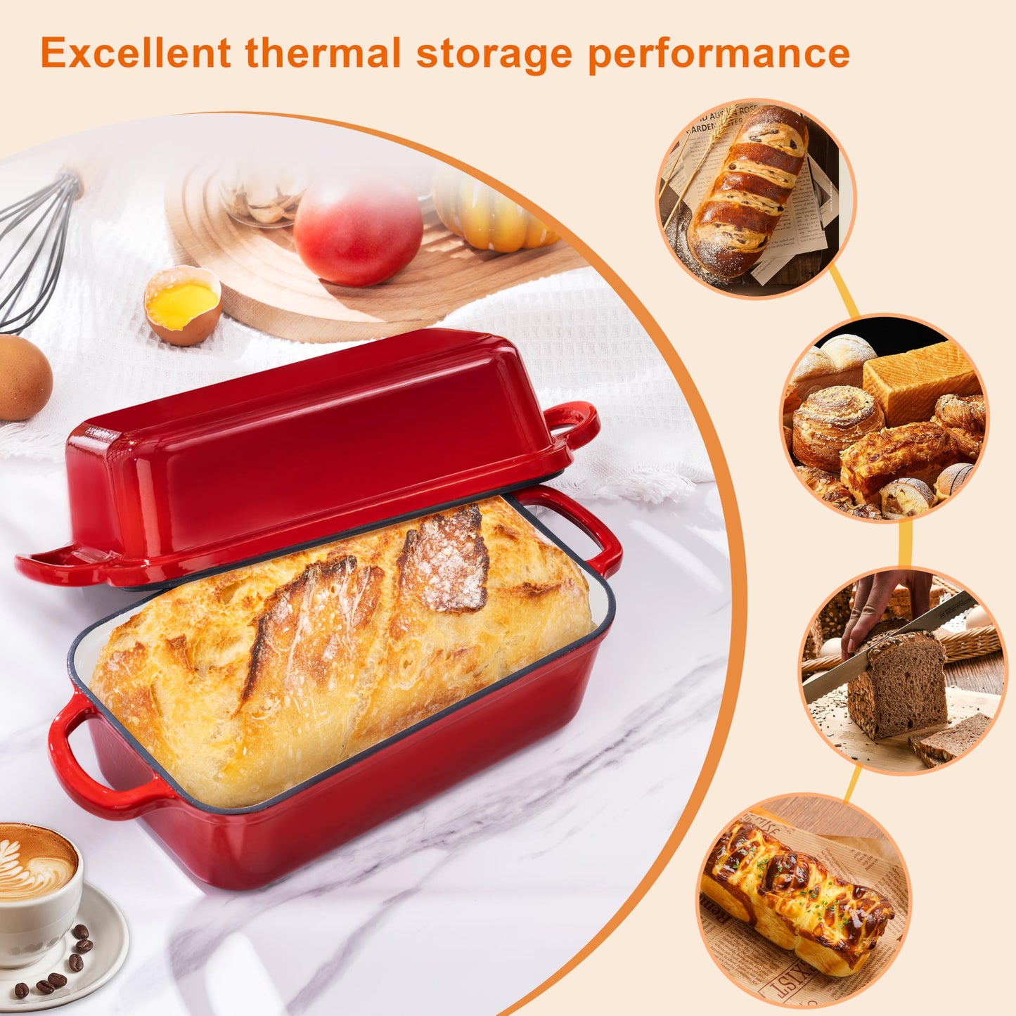 GRMImosa Cast Iron Bread Loaf Pan wiht Lid, Loaf Pans for Baking Bread 9x5 Inch, Sourdough Bread Baking Pan for Homemade Bread, Meatloaf, Even Heat Distribution, Cherry