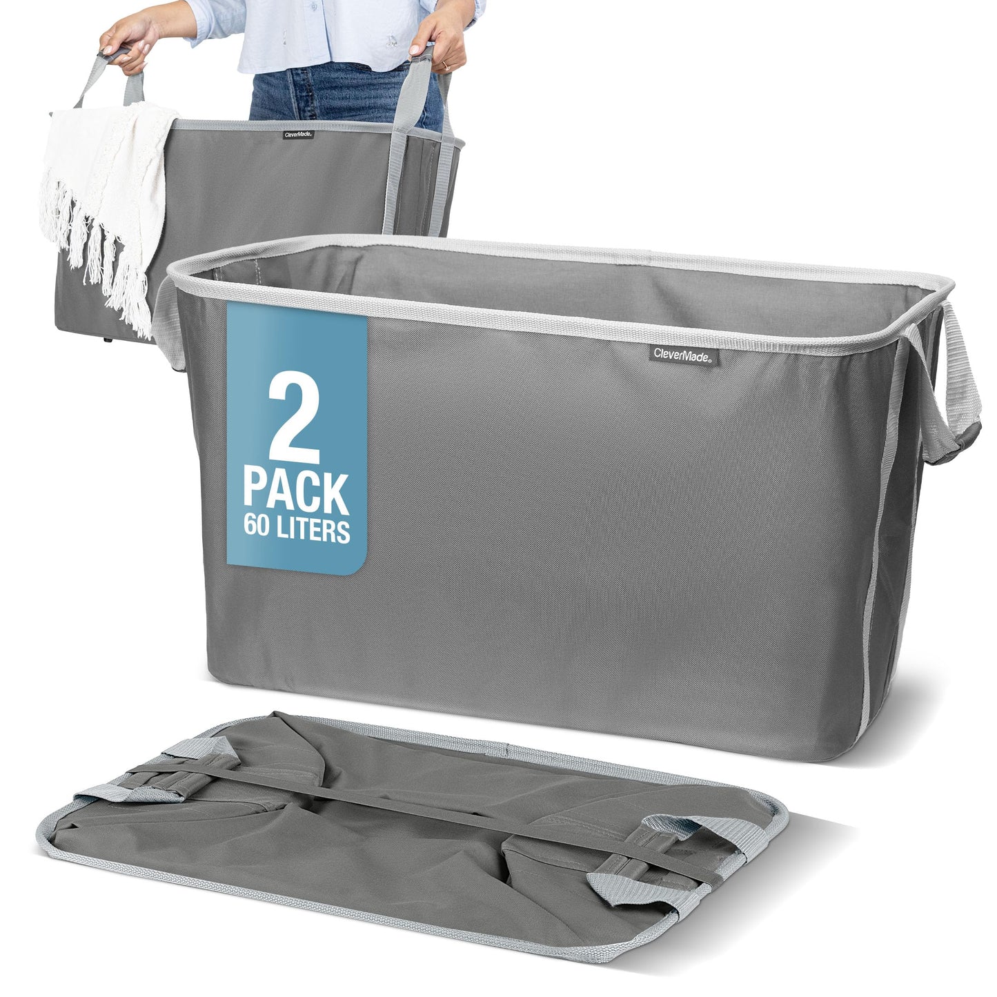 CleverMade Collapsible Laundry Basket 2 Pack – 60L (16 Gal) Foldable Clothes Hamper with Reinforced Handles, Space Saving Fabric Laundry Bin, Holds 55 lbs, Flat Folding for Dorm, Apartment & RV - Charcoal