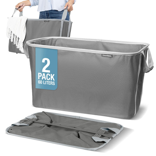 CleverMade Collapsible Laundry Basket 2 Pack – 60L (16 Gal) Foldable Clothes Hamper with Reinforced Handles, Space Saving Fabric Laundry Bin, Holds 55 lbs, Flat Folding for Dorm, Apartment & RV - Charcoal