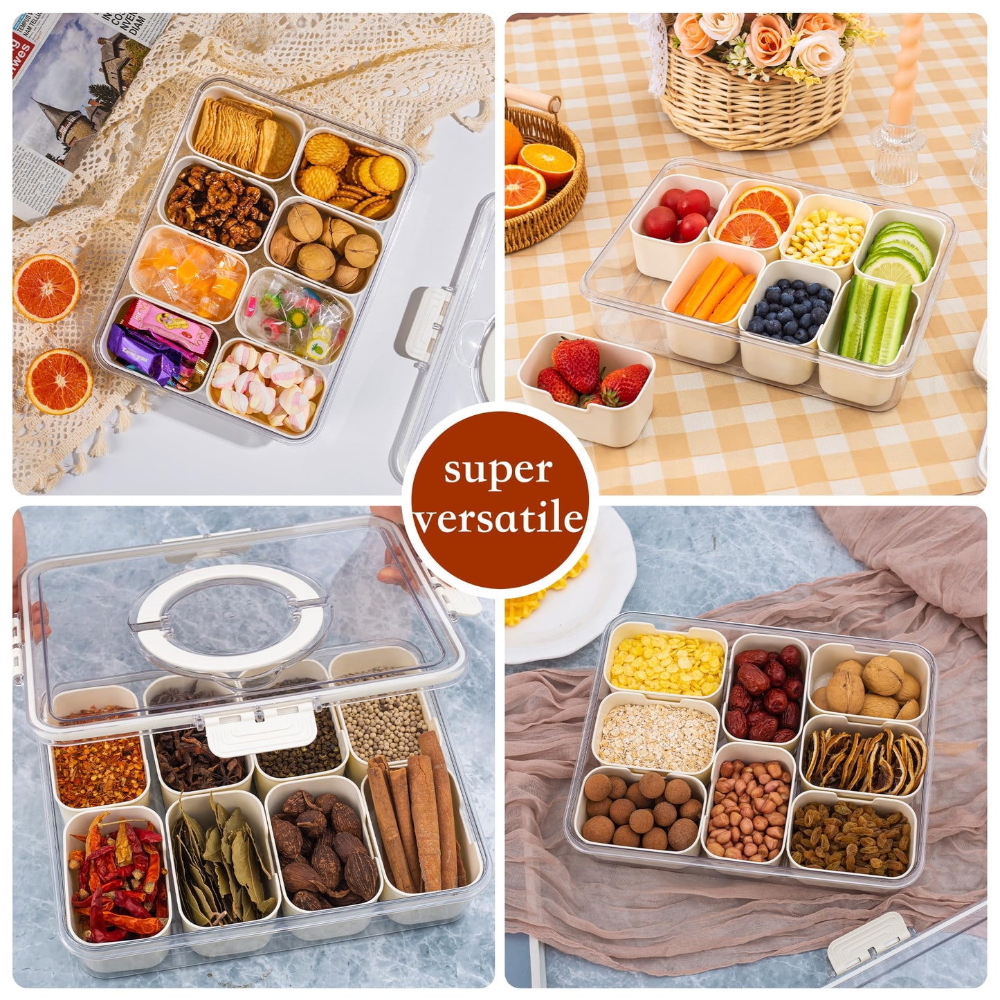 WACOI Divided Snack Serving Tray with Lid and Handle Travel Snackle Charcuterie Container Portable Storage Organizer for Candy, Fruits, Nuts, Snacks, Party, Picnic 2 Packs White