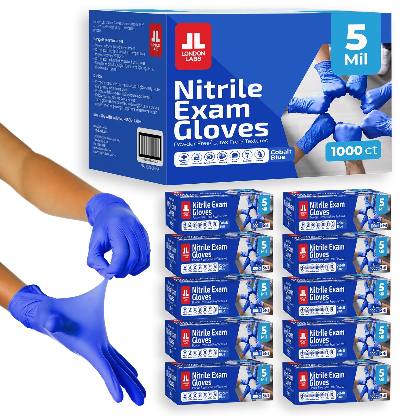 London Labs Cobalt Blue 5 Mil Nitrile Exam Gloves Disposable Latex Free | Medical Rubber Gloves for Doctors, EMT, First Aid Kit, Food Service & Cleaning | Bulk Case of (1000 CT)