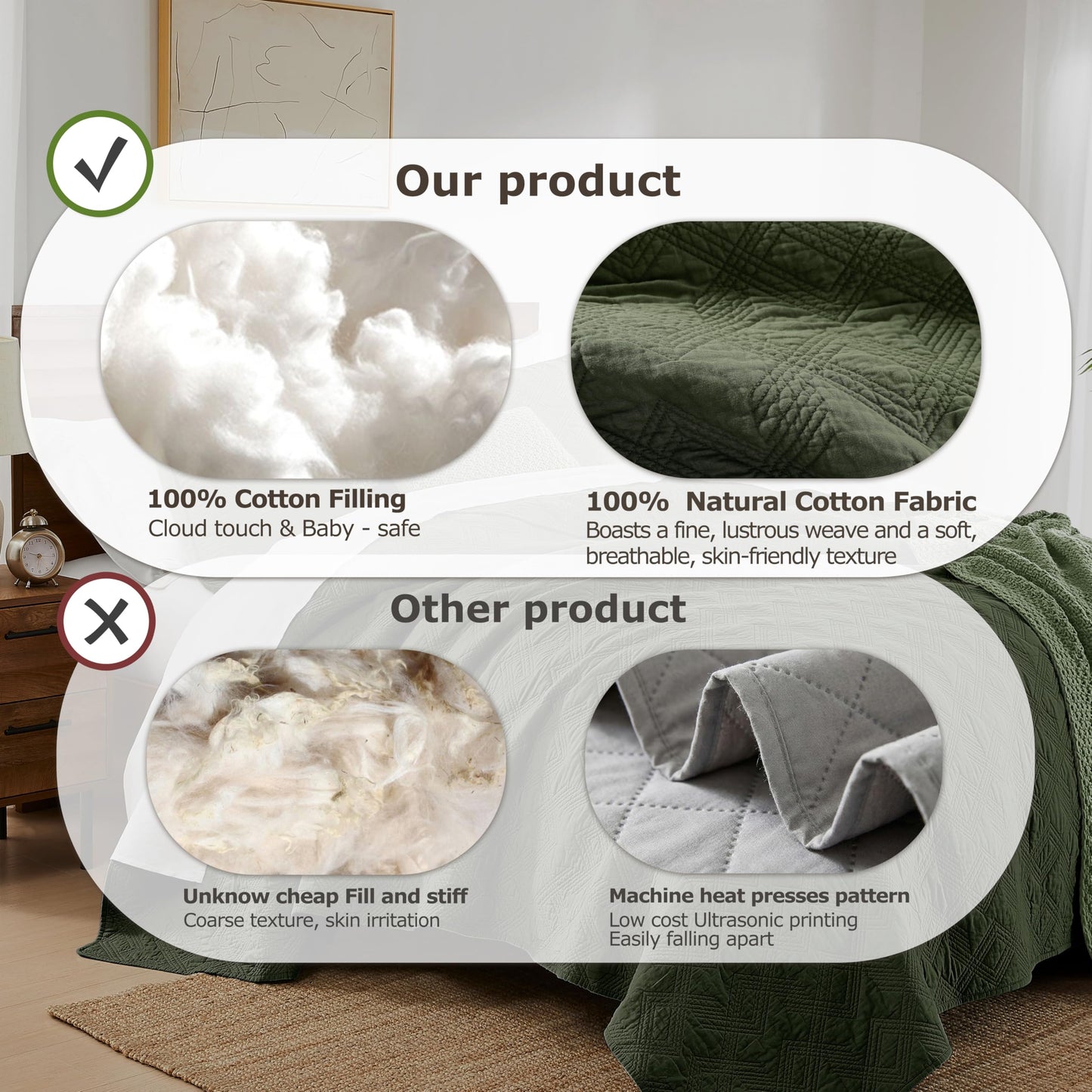 WDCOZY 100% Cotton Queen Size Quilt Set - Olive Green Pre-Washed Soft Lightweight Modern Bedspread, Farmhouse Country Rustic Coverlet, Textured Like Linen, Shabby Chic Gauze Bedding, 3 Pieces