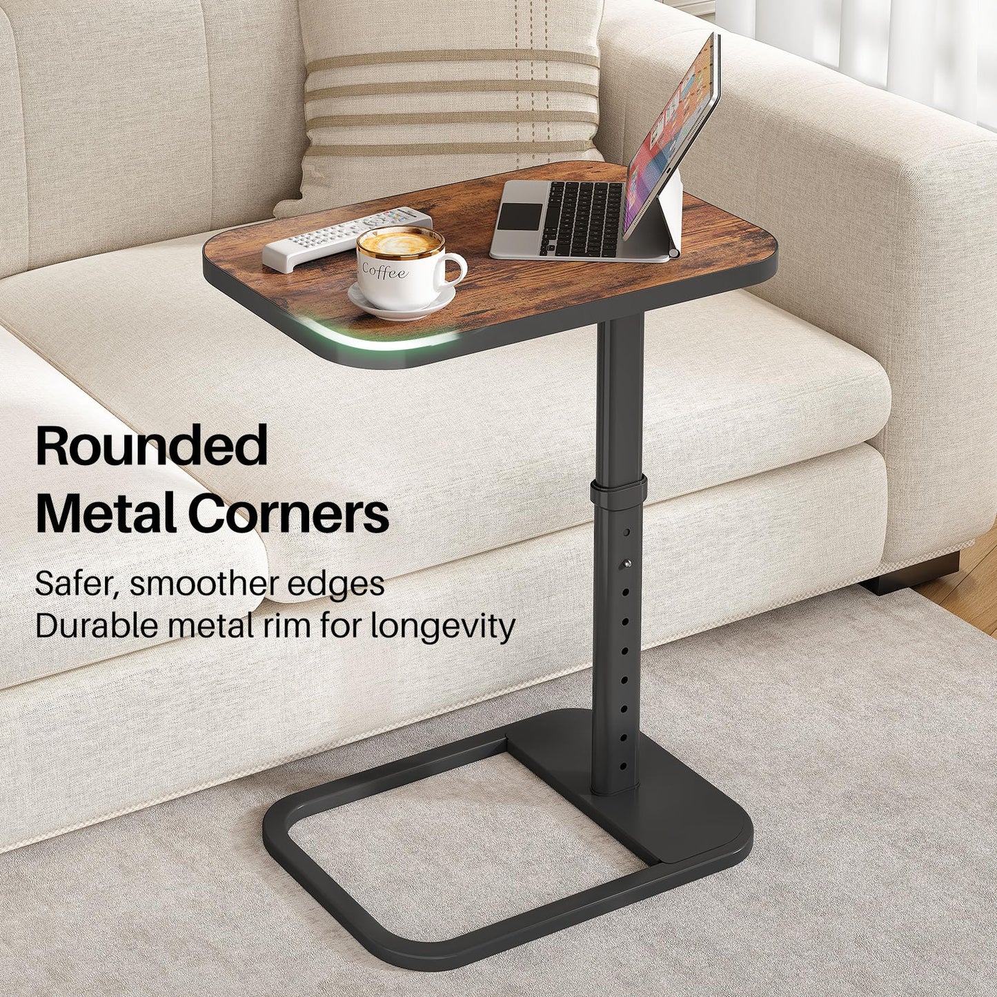Kitstorack Upgraded TV Tray Table with Panel Lock, 90° Flip-Over Design & Adjustable Height, Sofa Arm Side Table for Eating, Laptop, Couch, Bed, or Small Spaces, Brown