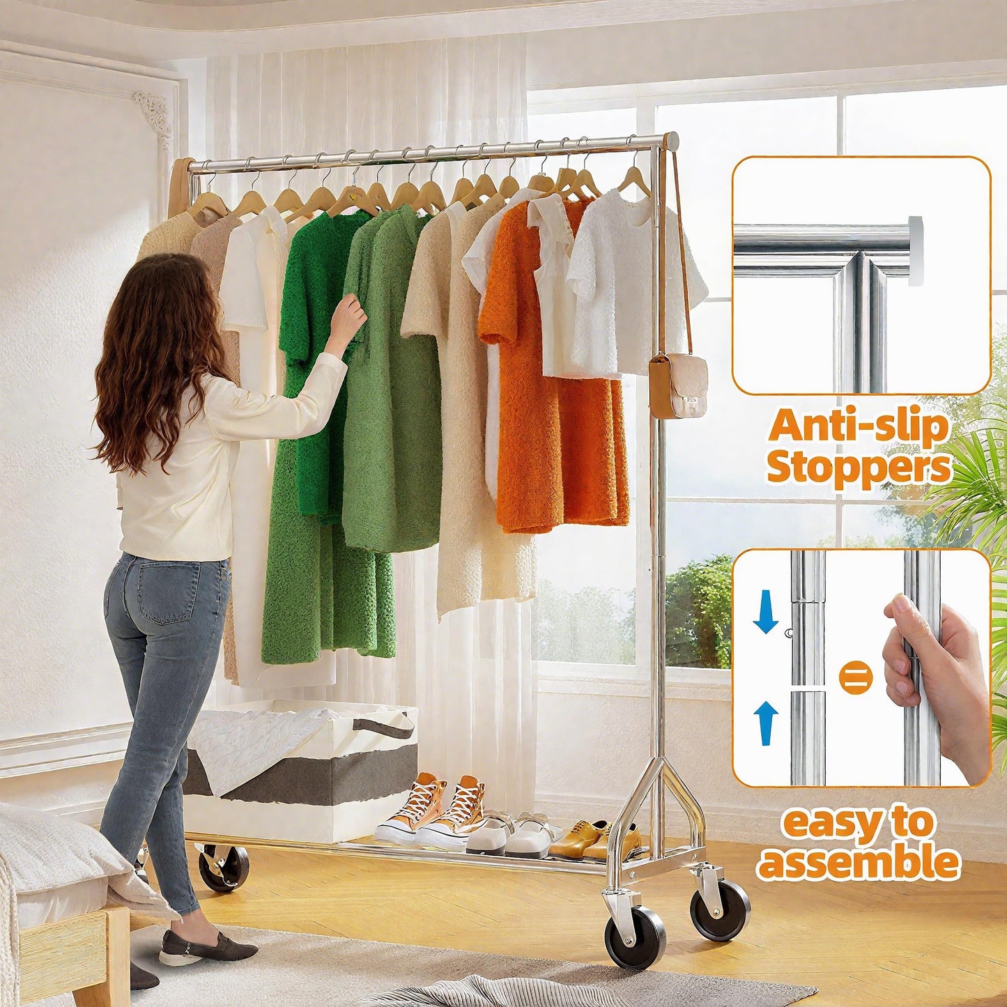 Ekisemio Heavy Duty Rolling Clothes Rack with Wheels and Shelves, 450 lbs Capacity, Portable Garment Rack for Hanging Clothes, Standing Wardrobe for Closet, Bedroom, Commercial Use, Chrome