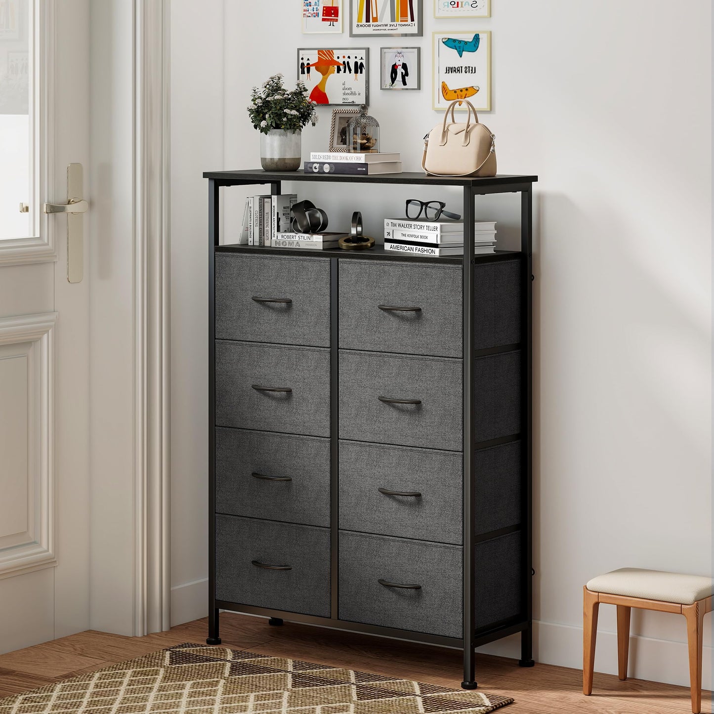 DUMOS Fabric Dresser for Bedroom with 8 Drawers, Tall 8-Drawer Chest of Drawers with Raised Shelf, Storage Tower with Fabric Bins for Closet Organization, Hallway Storage, Grey