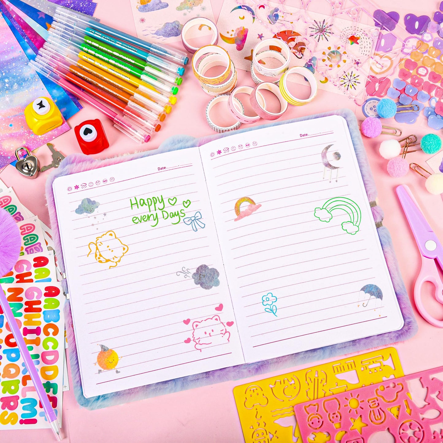 LiYiQ Plush Axolotl Diary Gift for Girls Kids Travel Journal Secret Diary with Scrapbook Paper Stickers Journal Stencils Pompom Pen and Washi Tape Practical Set Gift for Birthday Christma (Cat)