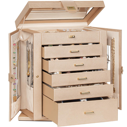 AKOZLIN Jewelry Box 360° Rotating 6-Tier Functional Jewelry Storage Case Organizer for Women Girls Ring Necklace Earring Bracelet Holder with Mirror