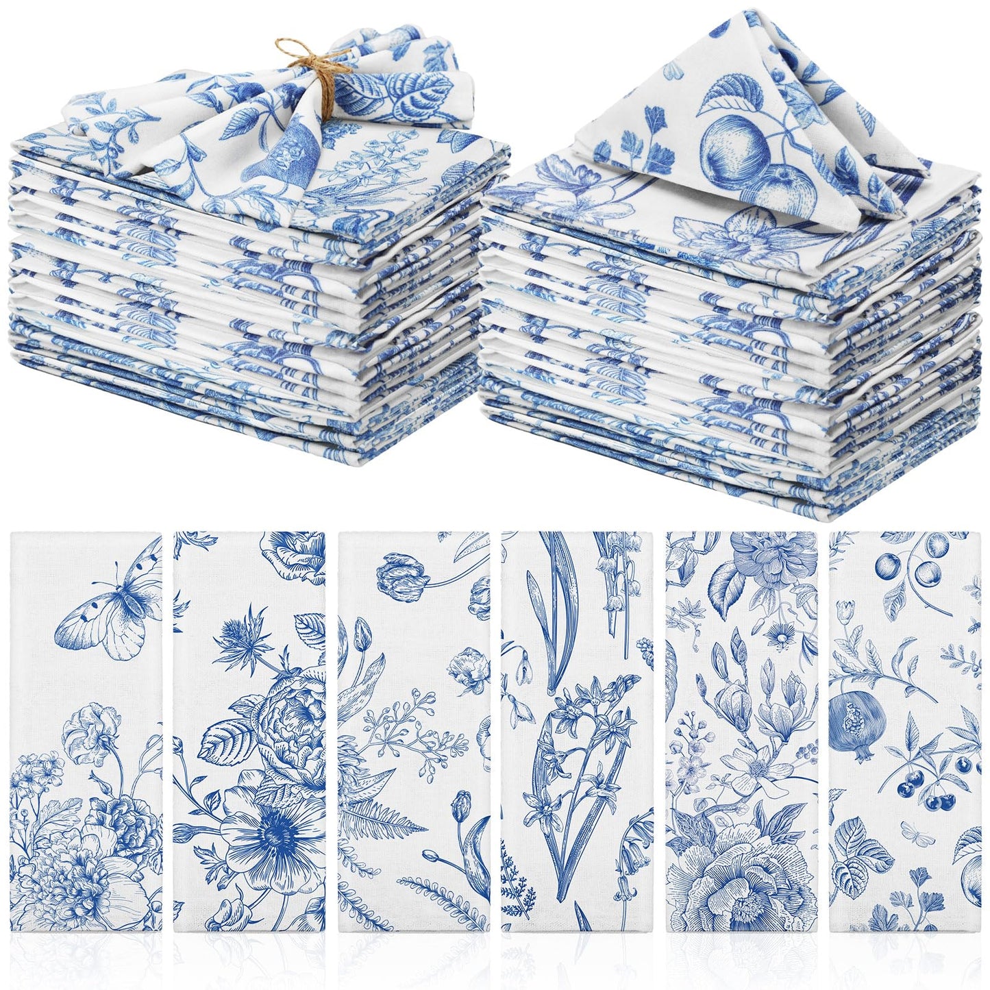 VitalCozy 24 Pcs Cloth Napkins Plants Butterfly Soft Reusable Napkin Country French Cotton Dinner Towel Decorative Washable Towels for Spring Summer Fall Party(Blue White Flower,24 Pcs)
