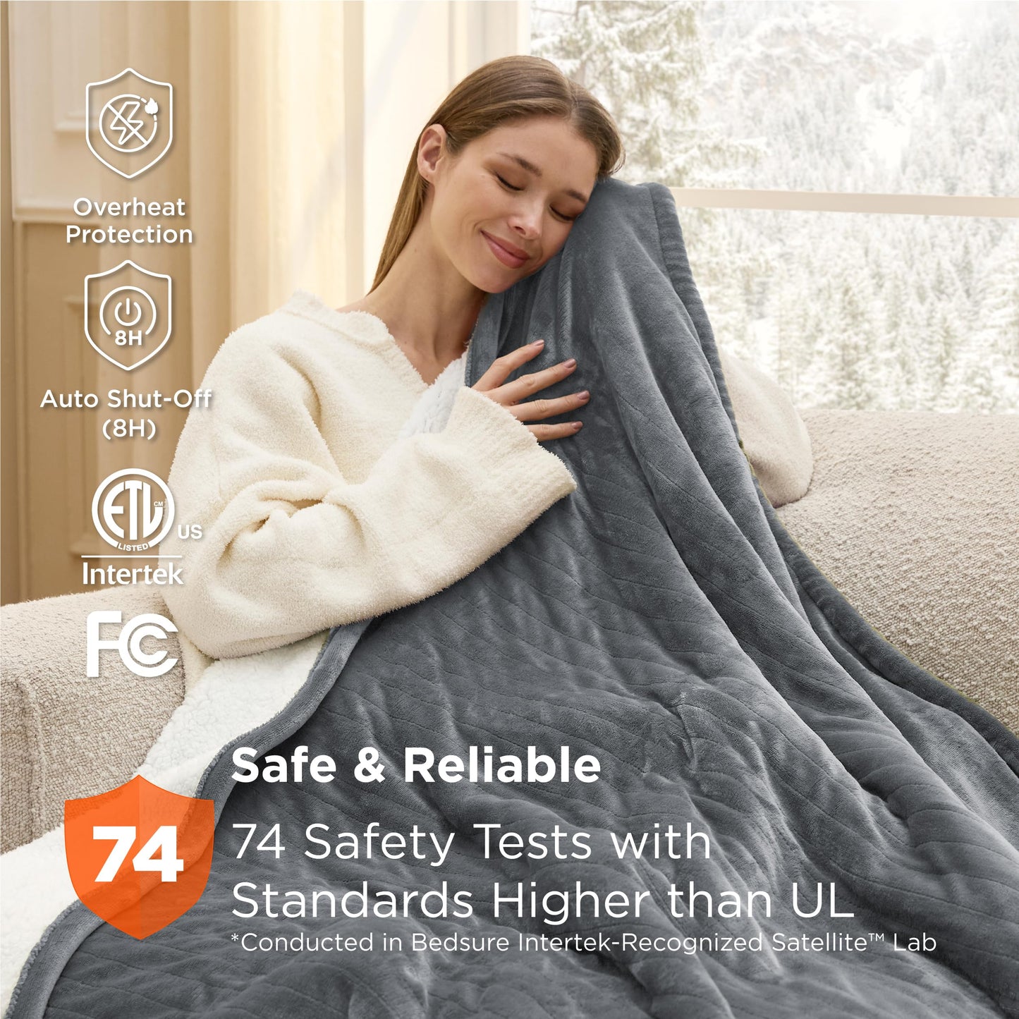 Bedsure Electric Blanket Full Size with Preheat Function - Soft Flannel Heated Blanket, Fast Heating with 6 Time Settings (up to 10H) & 6 Heat Settings, Grey, 72x84 Inches