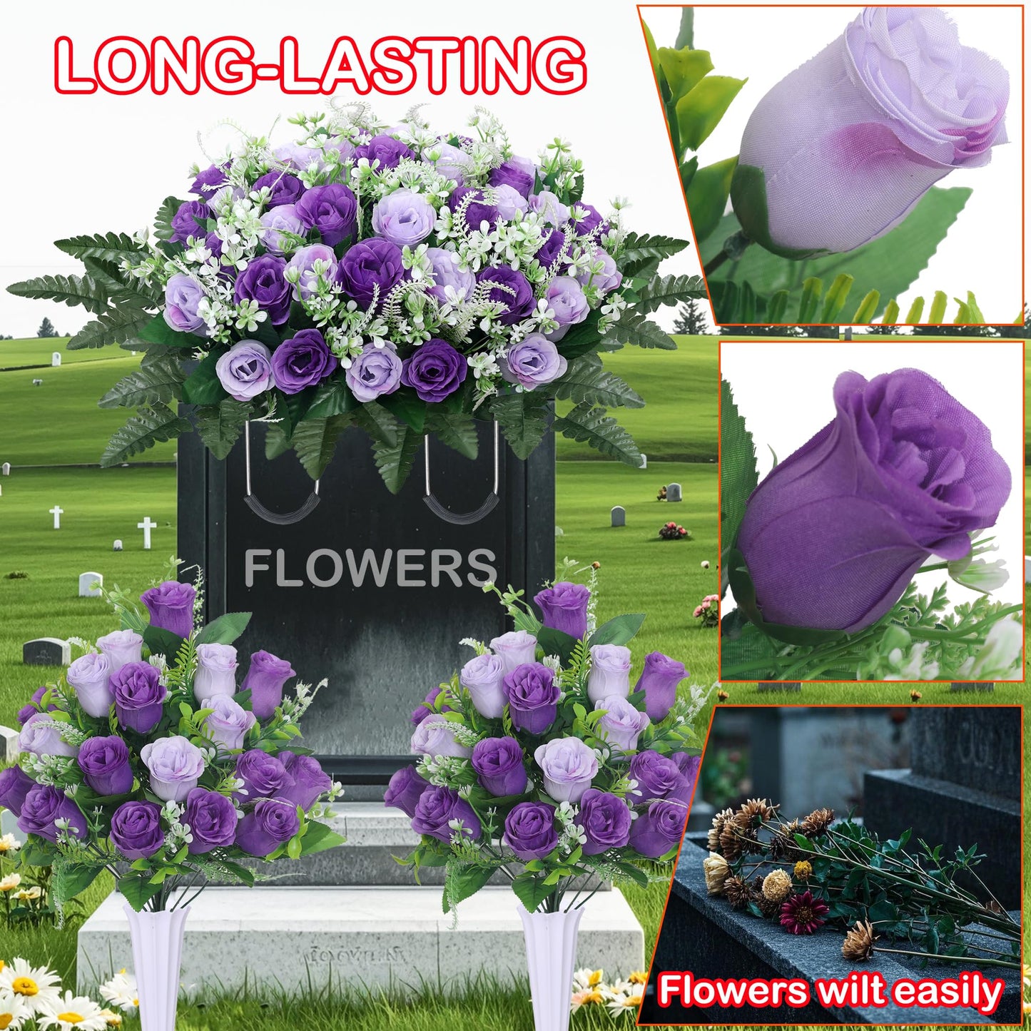 LOSFOTBO 3pcs Headstone Flowers Saddle for Tombstone,Cemetery Flower Memorial Bouquet with Vase,Rose Headstone Flowers Saddle (Purple)