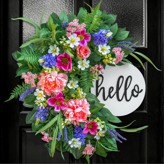 24 Inch Spring Wreath for Front Door with Wooden Welcome Sign, Artificial Peony, Rose, Lavender & Hydrangea Flowers, Spring and Summer Door Wreath for Indoor Outdoor Decor