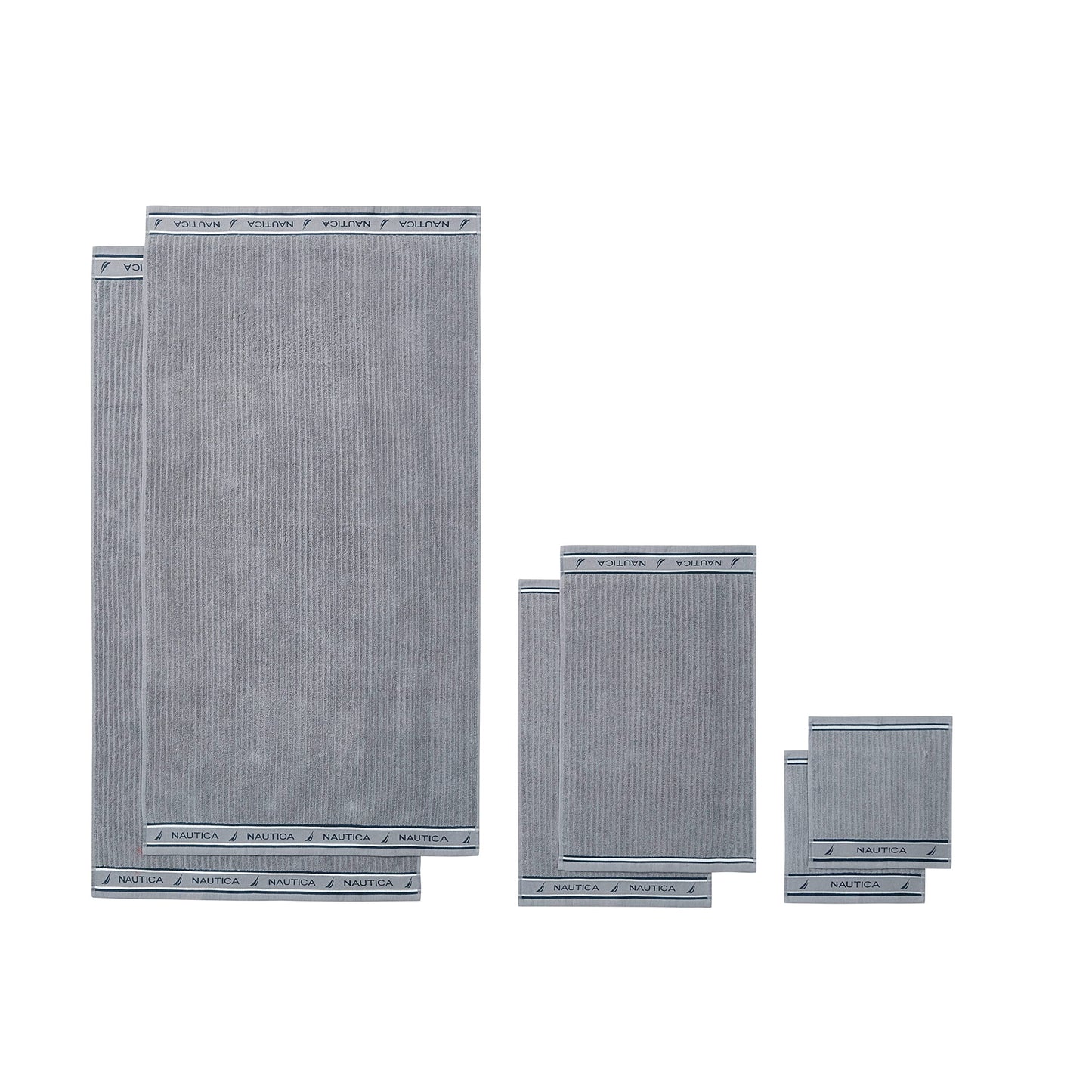 Nautica – Bathroom Towels, Washcloth, Bath & Hand Towel Set, Highly Absorbent Ribbed Terry Cotton, Set of 6, College Dorm Room Essentials (Signature Grey)
