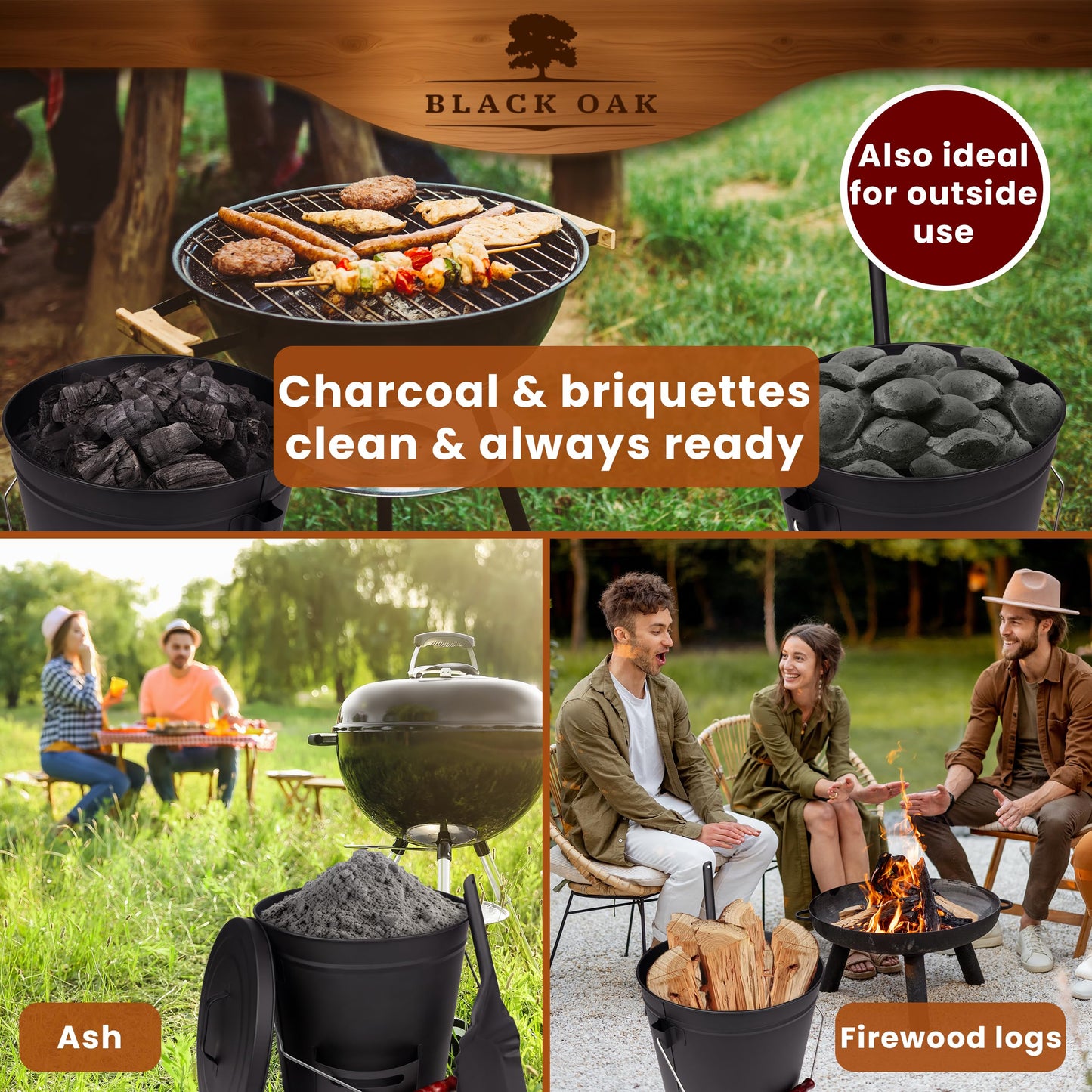 BLACK OAK Ash Bucket Stromboli 5.3 GAL –Black with lid, Shovel & Gloves –Silver Handle –Large 20L, Fireproof Galvanized Steel & Powder-Coated, ash & Coal, Fireplace, Tiled Stove, Wood-Burning Stove