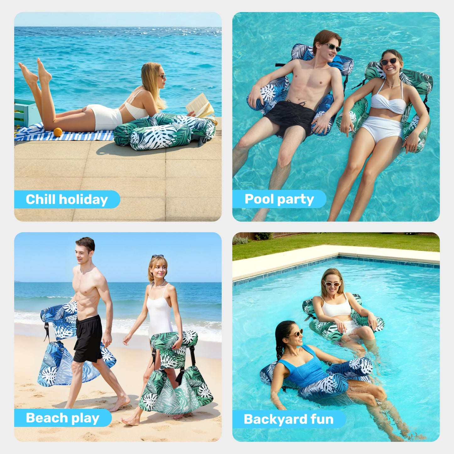 SLOOSH Inflatable Pool Floats Adult,2 Packs Floating Lounge Chairs,Blow up Pool Noodles for Adult Heavy Duty,Floating Chair for Party Summer Water Beach Lake Fun,Tropical Leaves-Green,Blue