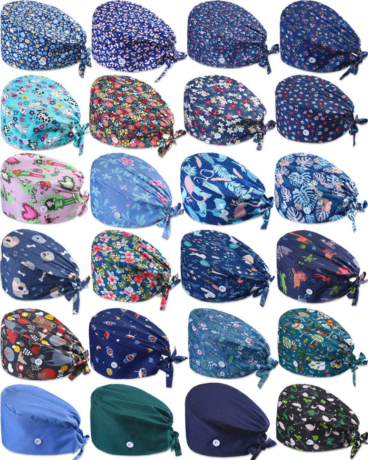 24 Pieces Adjustable Working Caps with Buttons Sweatband for Women Men, Nursing Scrub Hats Gourd Shaped Tie Back Cap for Doctor Nurse Beauty Salon Caps, Cotton Headwear Printed