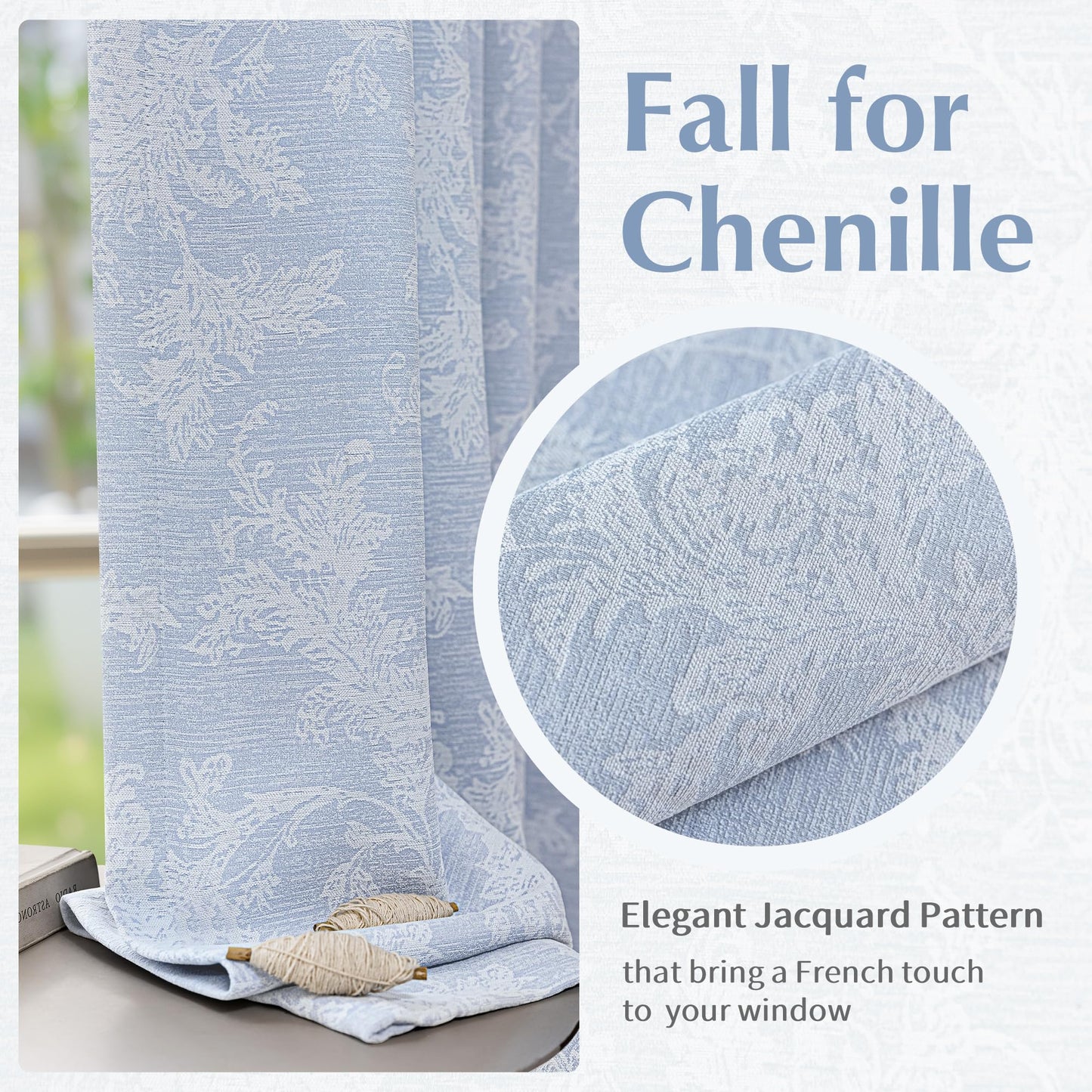 FMFUNCTEX Blue Floral Jacquard Blackout Curtains 84 Inches Long for Bedroom, Scroll Flower Chenille Farmhouse Curtains for Living Room Darkening Thermal Insulated Grommet Window Drapes 2 Panels