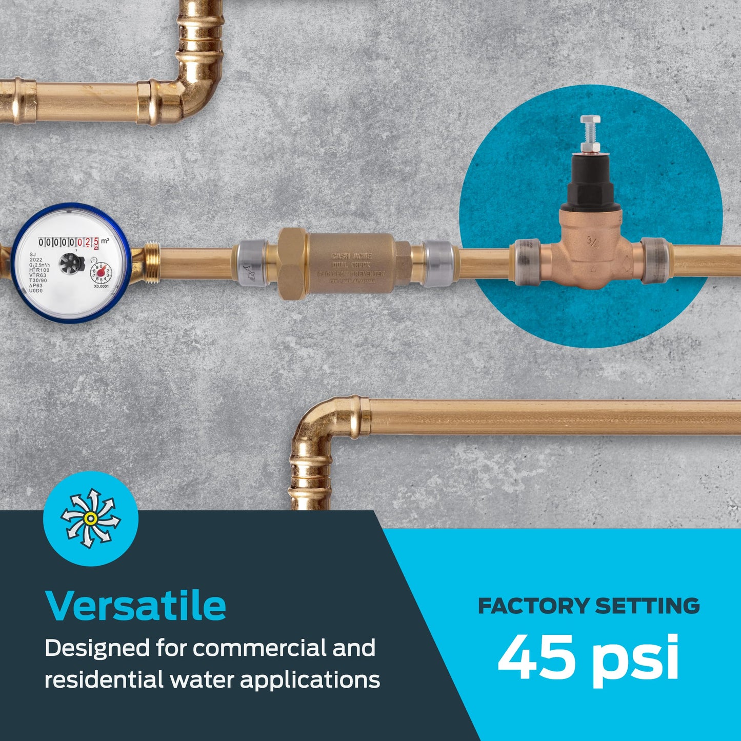 SharkBite 3/4 Inch EB45 Direct Pressure Regulating Valve, Push to Connect Brass Plumbing Fittings, PEX Pipe, Copper, CPVC, PE-RT, HDPE, 23808-0045