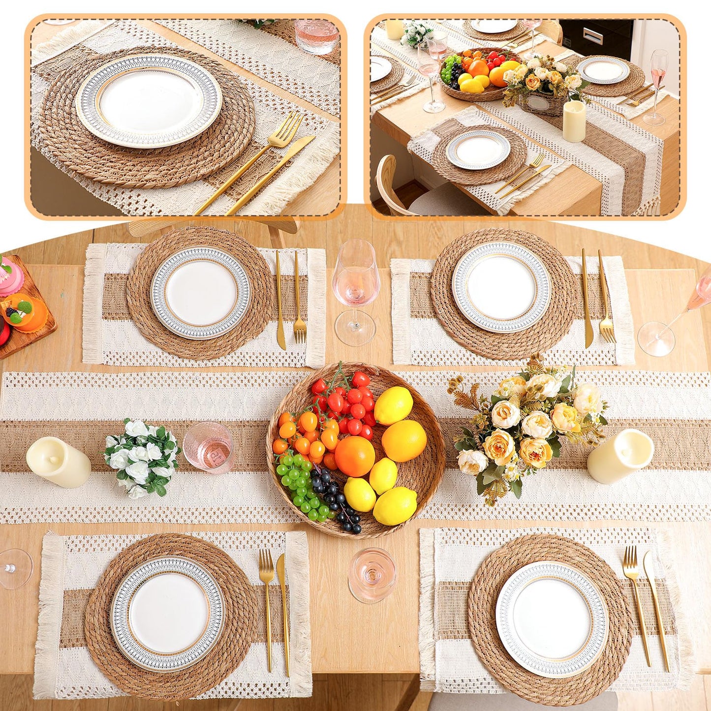 Gandeer Boho Placemats 4/6/8 Set of Round Woven Placemat Macrame Style Bicolor Stitching Long Table Runner Farmhouse Rustic Natural Burlap Cotton for Kitchen Dining Table(6 Sets,Brown,12x72)