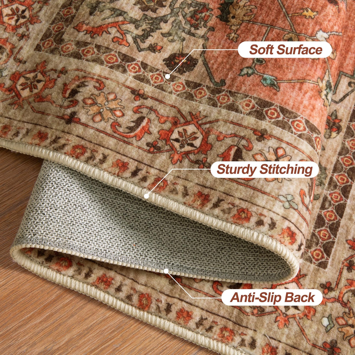 Tangsoo 2.6x8 Washable Runner Rug for Hallways, Non Slip Vintage Runner Rug, Soft Low Pile Long Rug Runner, Print Distressed Terracotta Carpet Runners for Kitchen Bedroom Entryway Bathroom Living Room