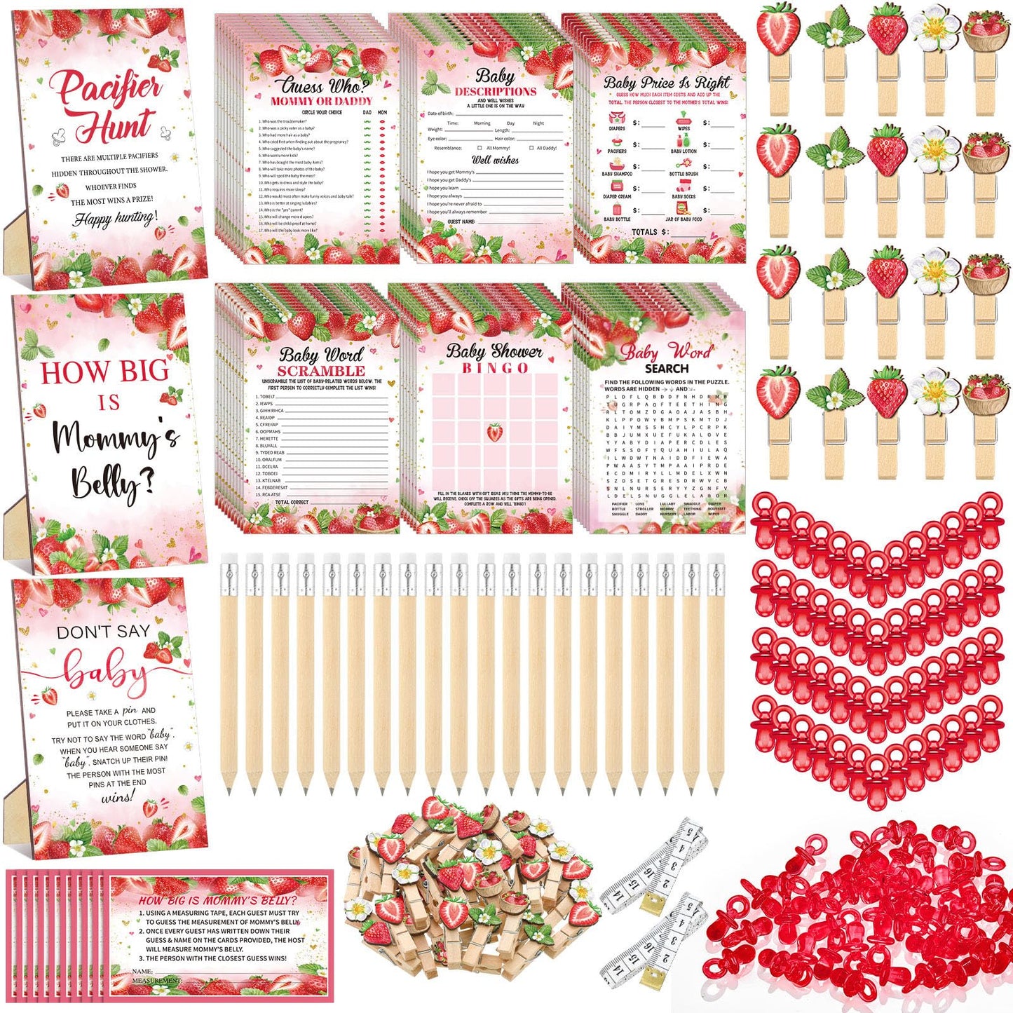 Sherr 476 Pcs Strawberry Baby Shower Games 6 Sets Activities Cards Pacifier Hunt Game 50 Pacifiers How Big is Mommy's Belly Sign 50 Guessing Cards 2 Measuring Tape Don't Say Baby Sign 50 Clothespin