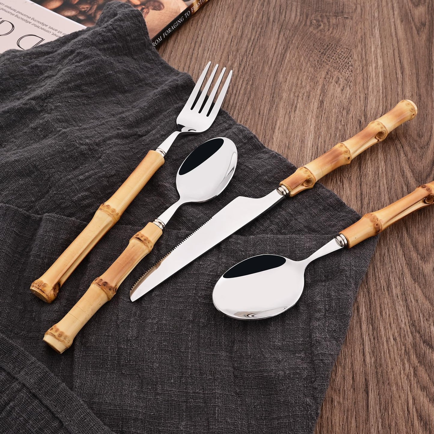 Uniturcky 50PCS Silverware Set for 10, Bamboo Handle Flatware Set, Stainless Steel Cutlery Set for Home Restaurant and Party, Bamboo Forks Spoons and Knives Set, Polished Tableware