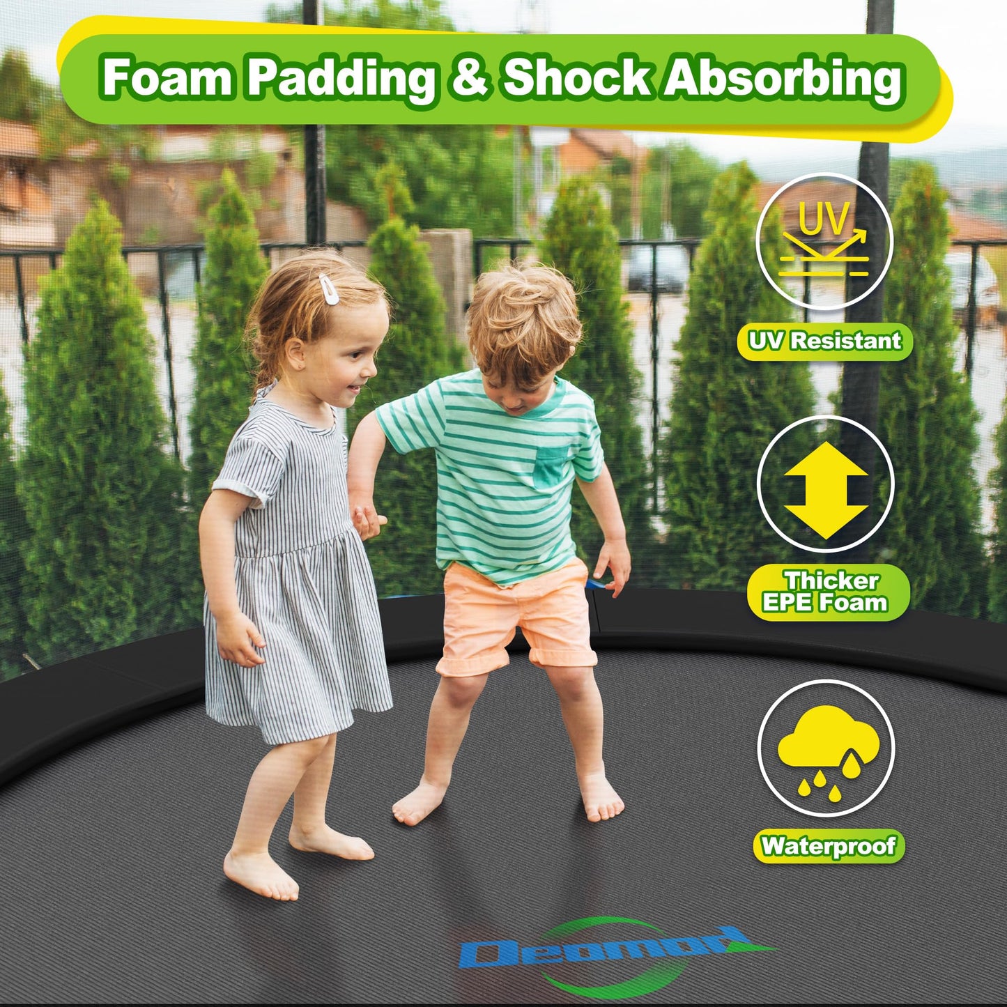 Deomod Trampoline Pad, 10FT 12FT 14FT Trampoline Replacement Safety Pad, Universal Trampoline Pads, Spring Cover, Waterproof, Tear Resistant, Round Arch Trampoline Parts for Kids (Black, 12FT)