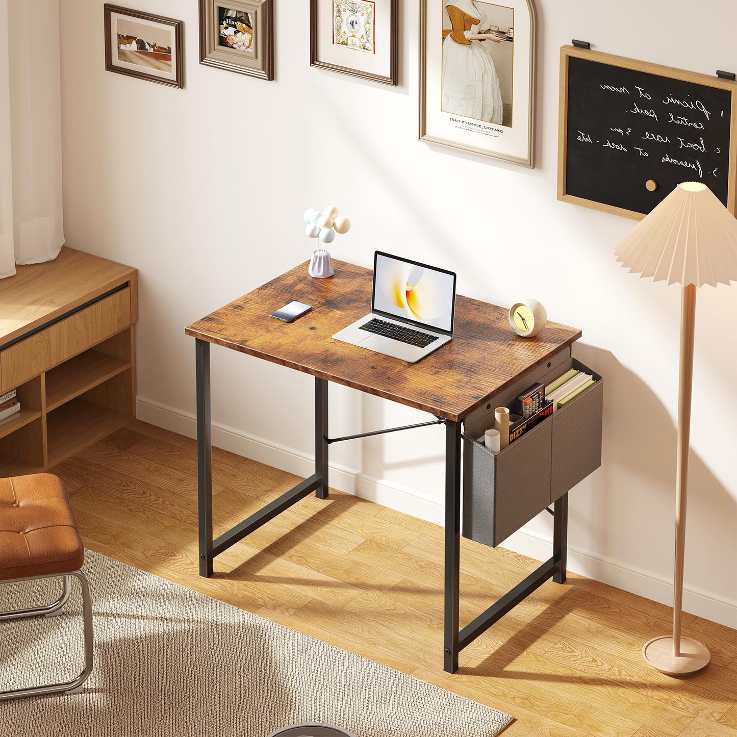 OLIXIS Computer Desk 31 Inch Home Office Desks for Small Spaces, Gaming Writing Study Work Table with Storage Bag for Bedroom, Rustic Brown Space Saving Compact