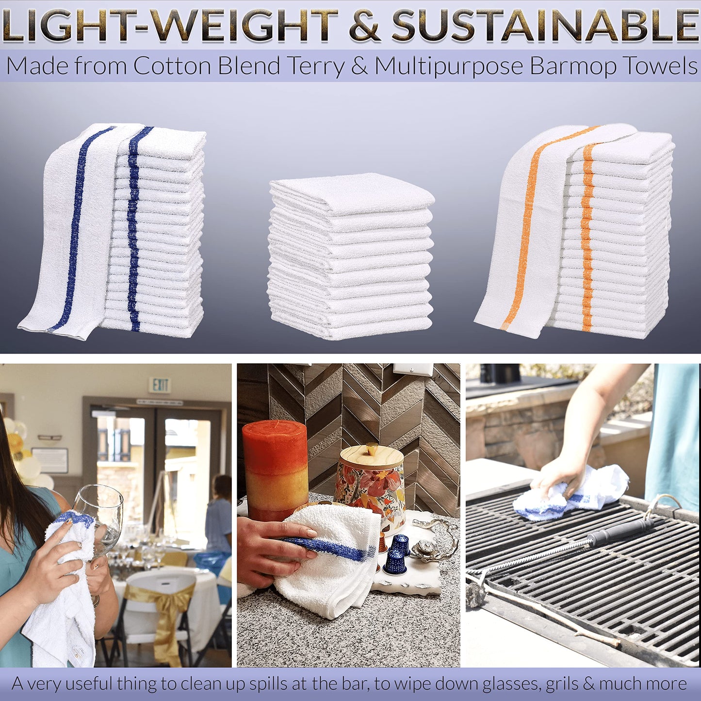 60 PC New Cotton Blend White Restaurant Bar Mops Kitchen Towels (5 Dozen) (60, Gold Stripe)