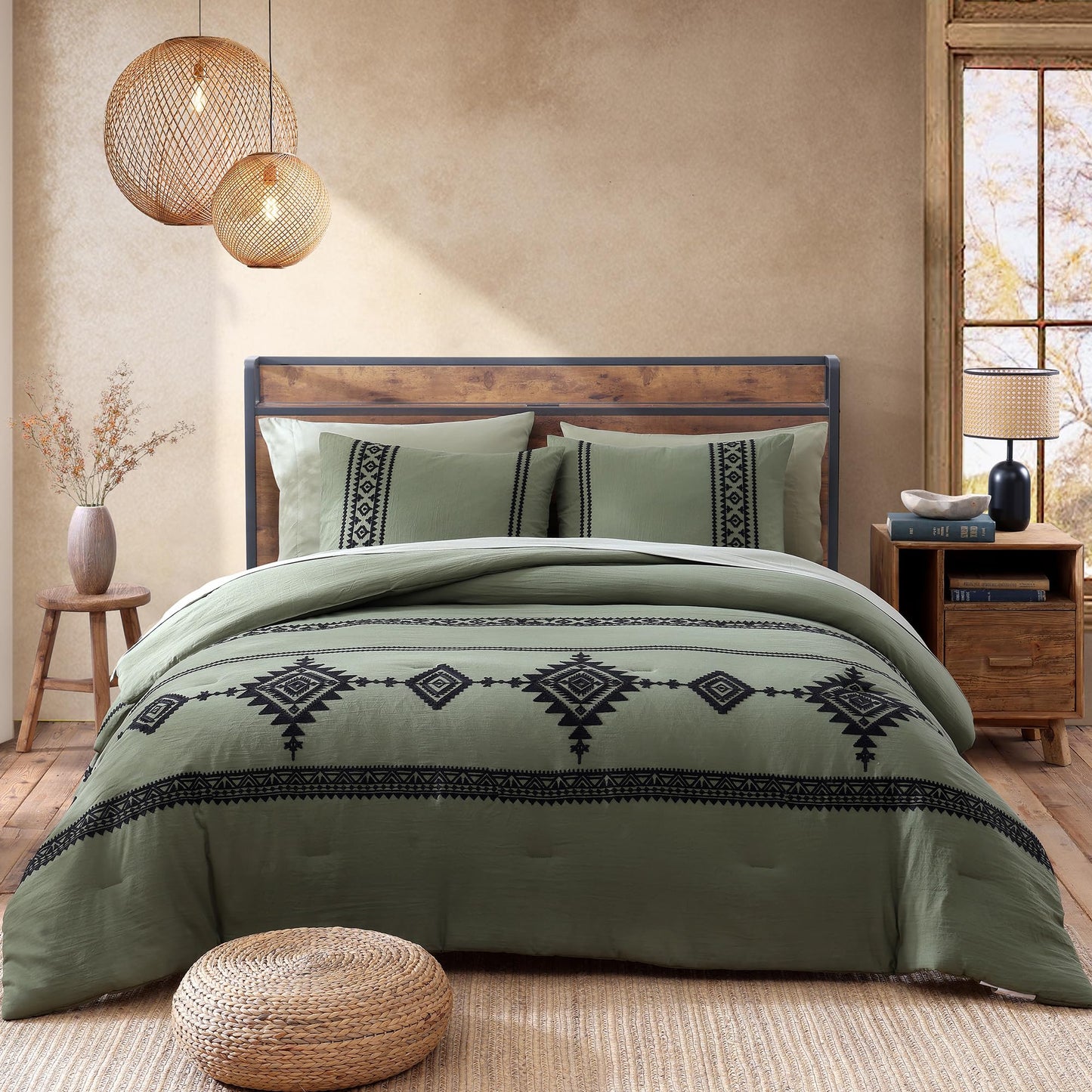 MAIREVE Embroidery Comforter Sets King Size Olive Green - 7 Pieces, Farmhouse Western Bedding Comforter Set, All Season Bed in A Bag King with Sheets, Comforters, Pillowcases & Shams