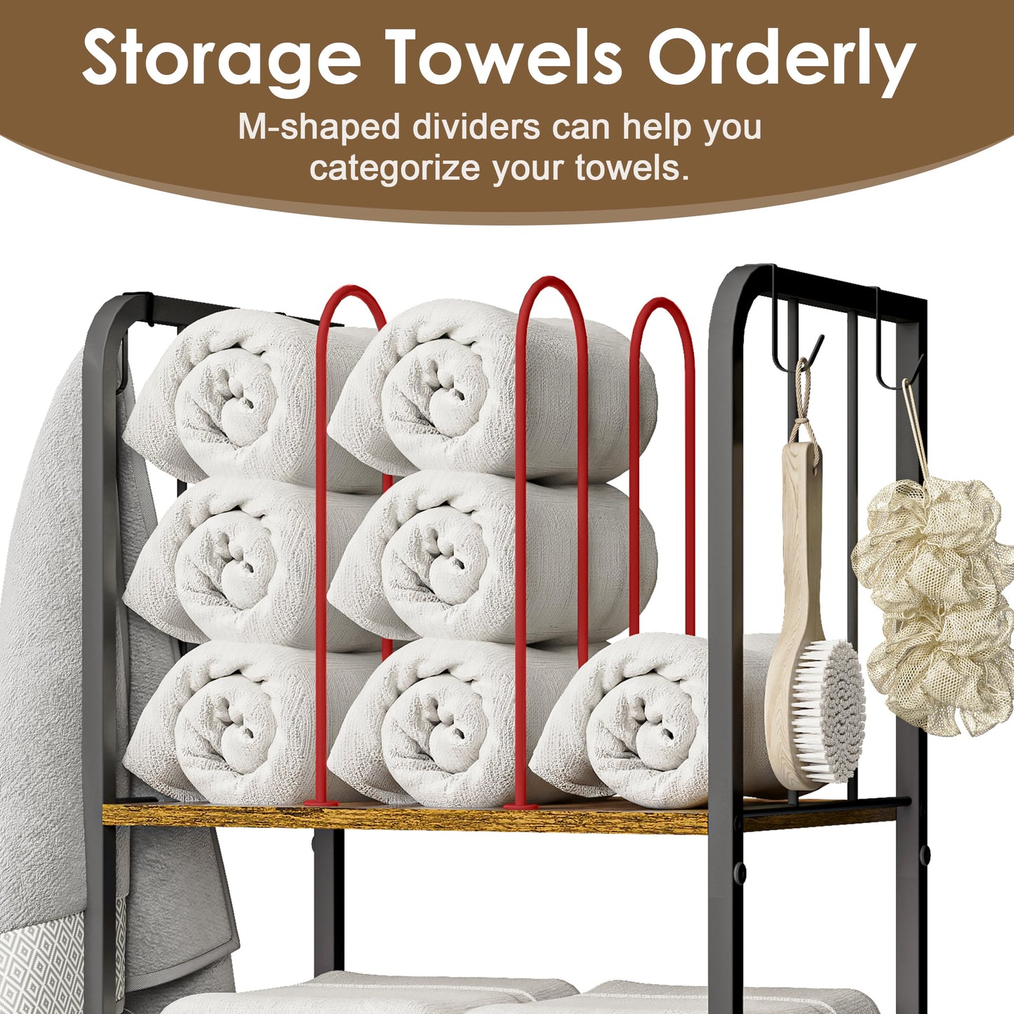 Towel Racks for Bathroom 3-Tier M-Shaped Detachable Dividers, Durable Metal Towel Holder, Pool Items Holder, Space-Saving Storage Organizer, Modern Bath Towel Shelf Free Standing Patent Pending