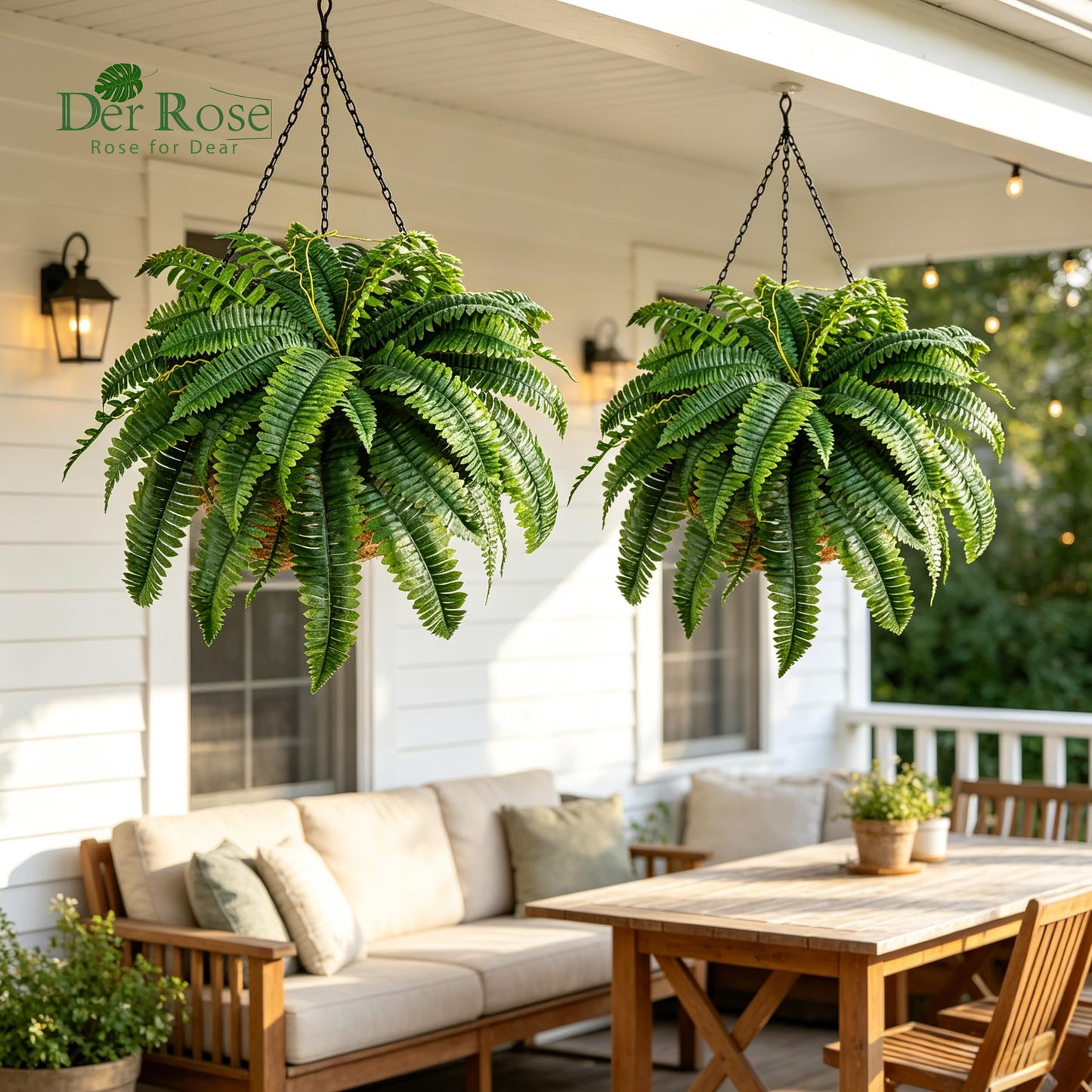 Der Rose 2 Pack 45"/60 Leaves Large Fake Ferns, UV Resistant Outdoor Artificial Plants Faux Boston Ferns Fake Bushes for Outdoor Planters, Porch Patio Garden Hanging Basket Home Decor