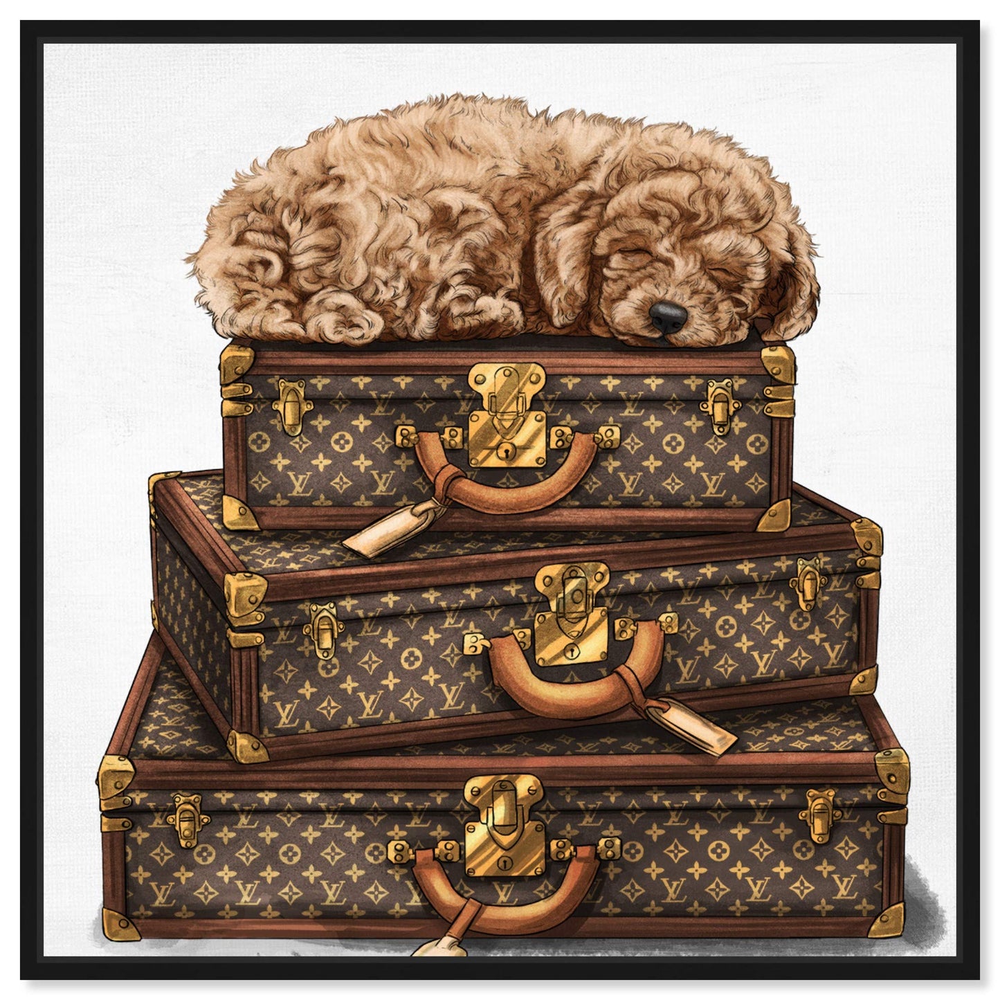 The Oliver Gal Artist Co. Fashion and Glam Framed Wall Art Canvas Prints 'Sleeping Poodle' Travel Essentials Home Décor, 12 in x 12 in, Brown, White