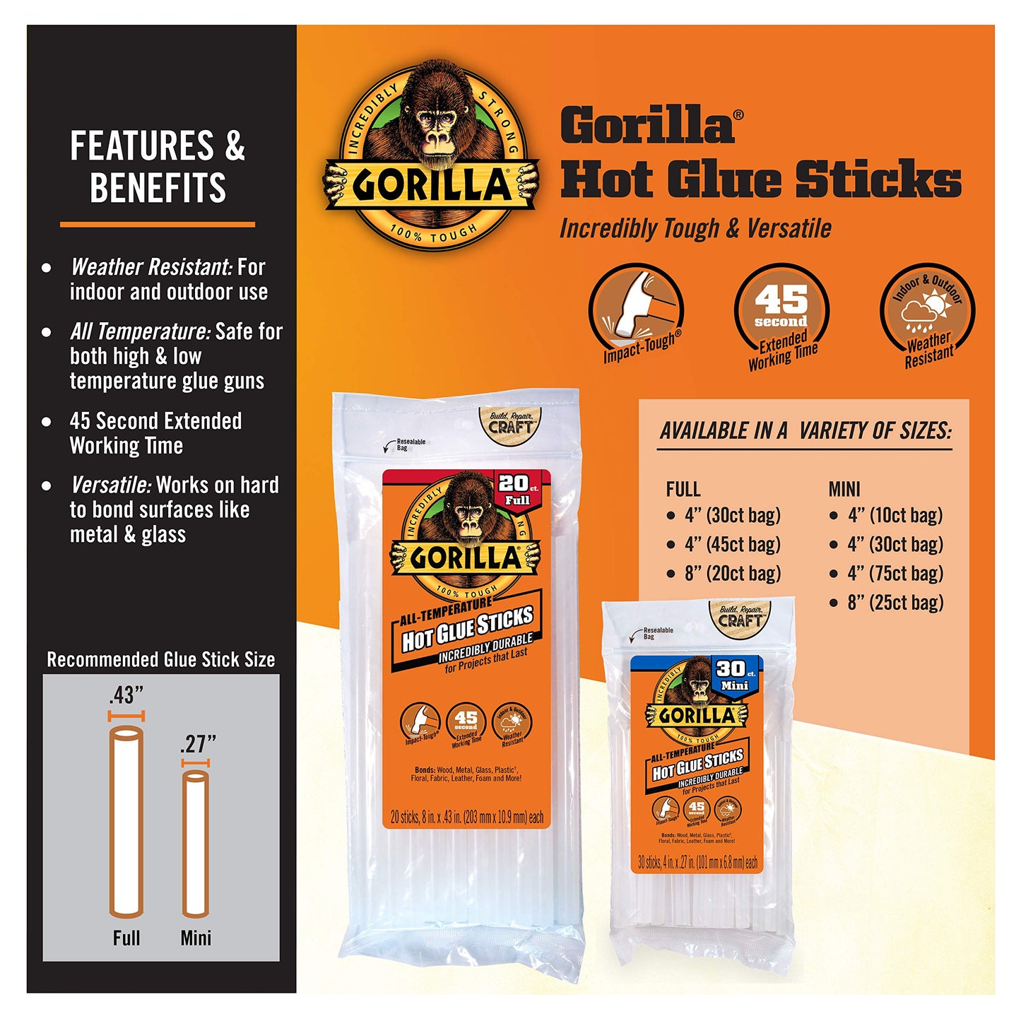 Gorilla Hot Glue Sticks, Clear Glue, Full Size 4" Long x 0.43" Diameter, 45 Count (Pack of 4) - Safe for All Temperatures with Extended Working Time
