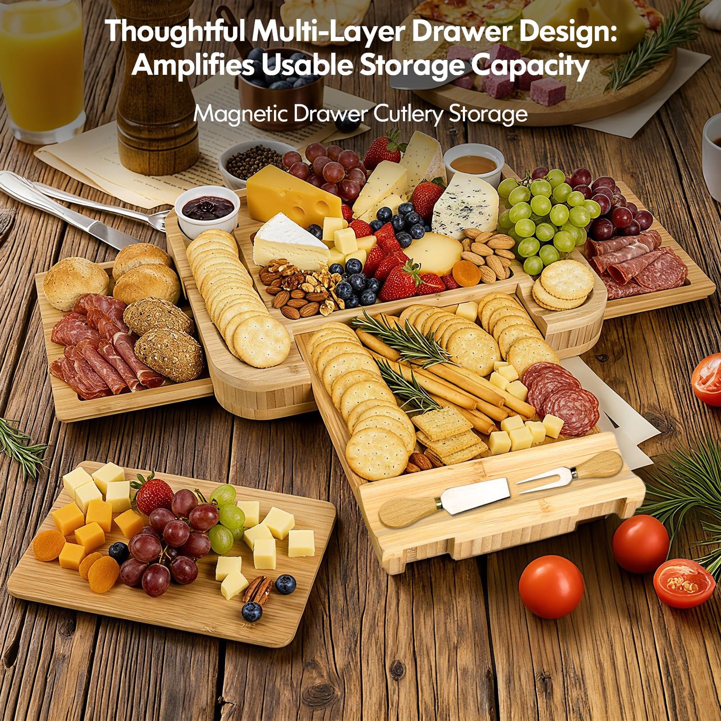 Charcuterie Board with Lid Gift Set - Cheese Bamboo Tray with Utensils, 2 Sauce Bowls,Fruit Tray and Food-Grade Seal Included - Portable with Handle for Travel, Parties, Kitchen Gifts for Women