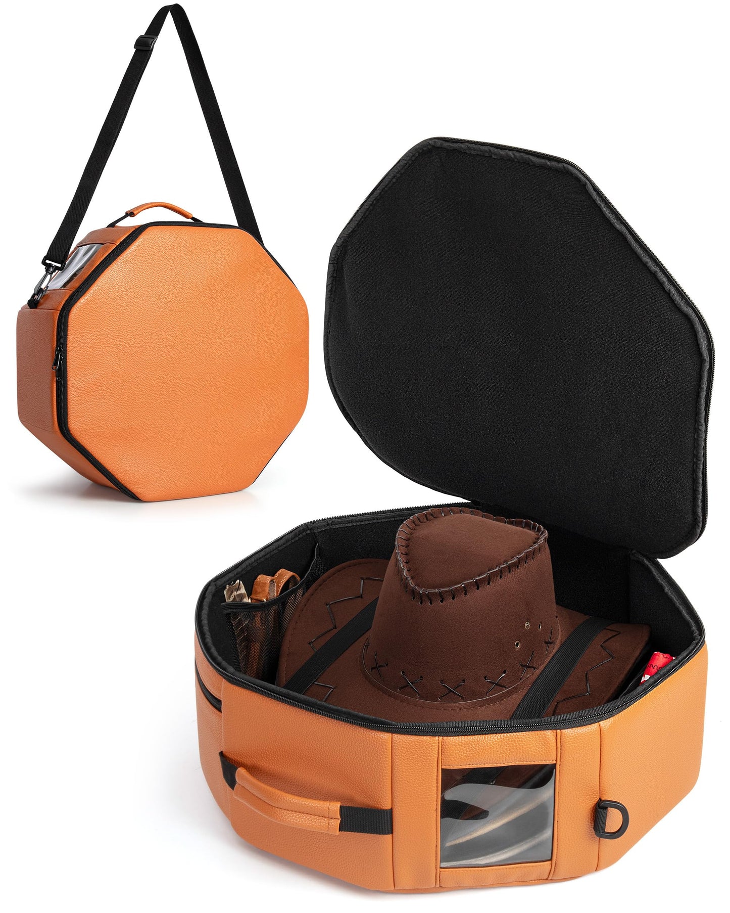 Marscamd Vegan Leather Hat Box Fits 4 Cowboy or Wide-Brim Hats, Padded Storage Case with Shoulder Strap & Trolley Sleeve for Travel or Home Storage, Brown