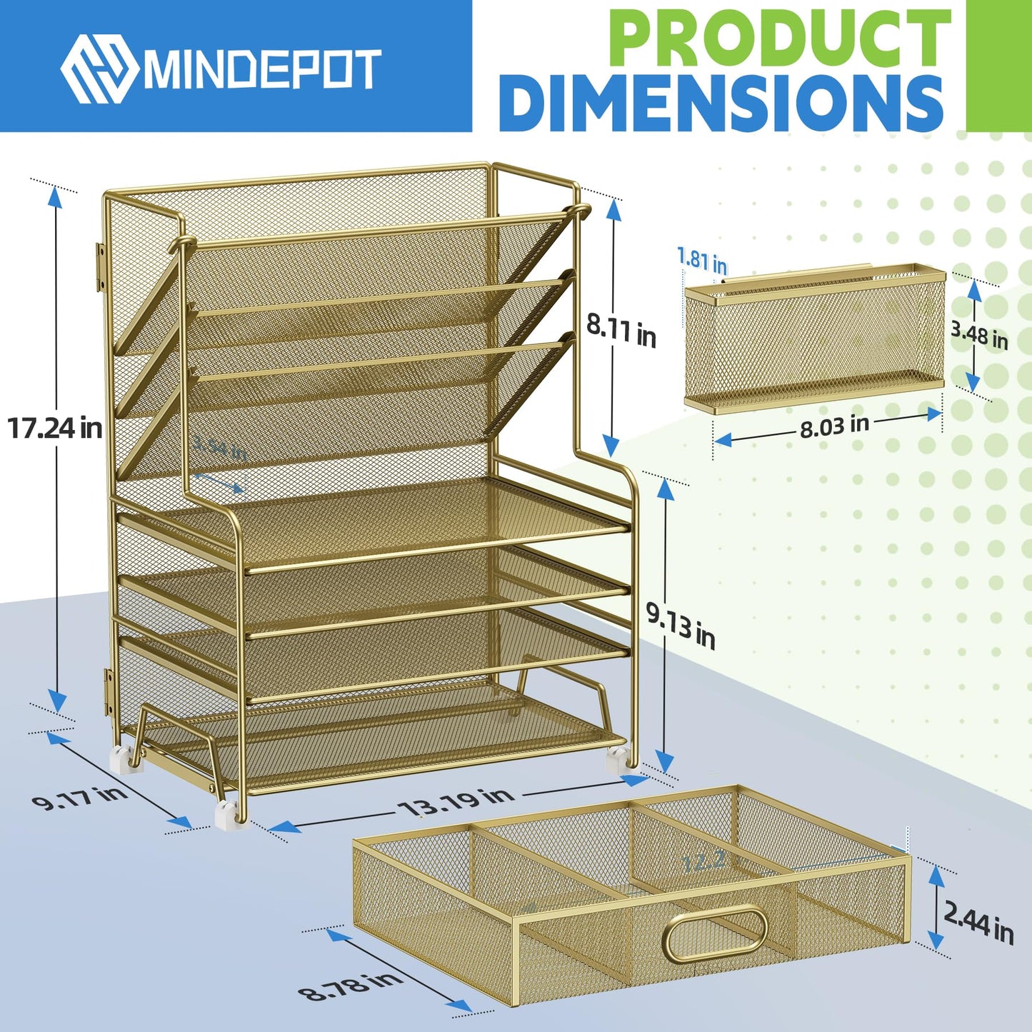 MINDEPOT 4-Tier Paper Organizer + 3-Pocket File Holder + Drawer + Pen Holders, Desktop File Organizers Paper Tray for Office Supplies School Classroom Organization (Gold, with Drawer & Pen Holder)