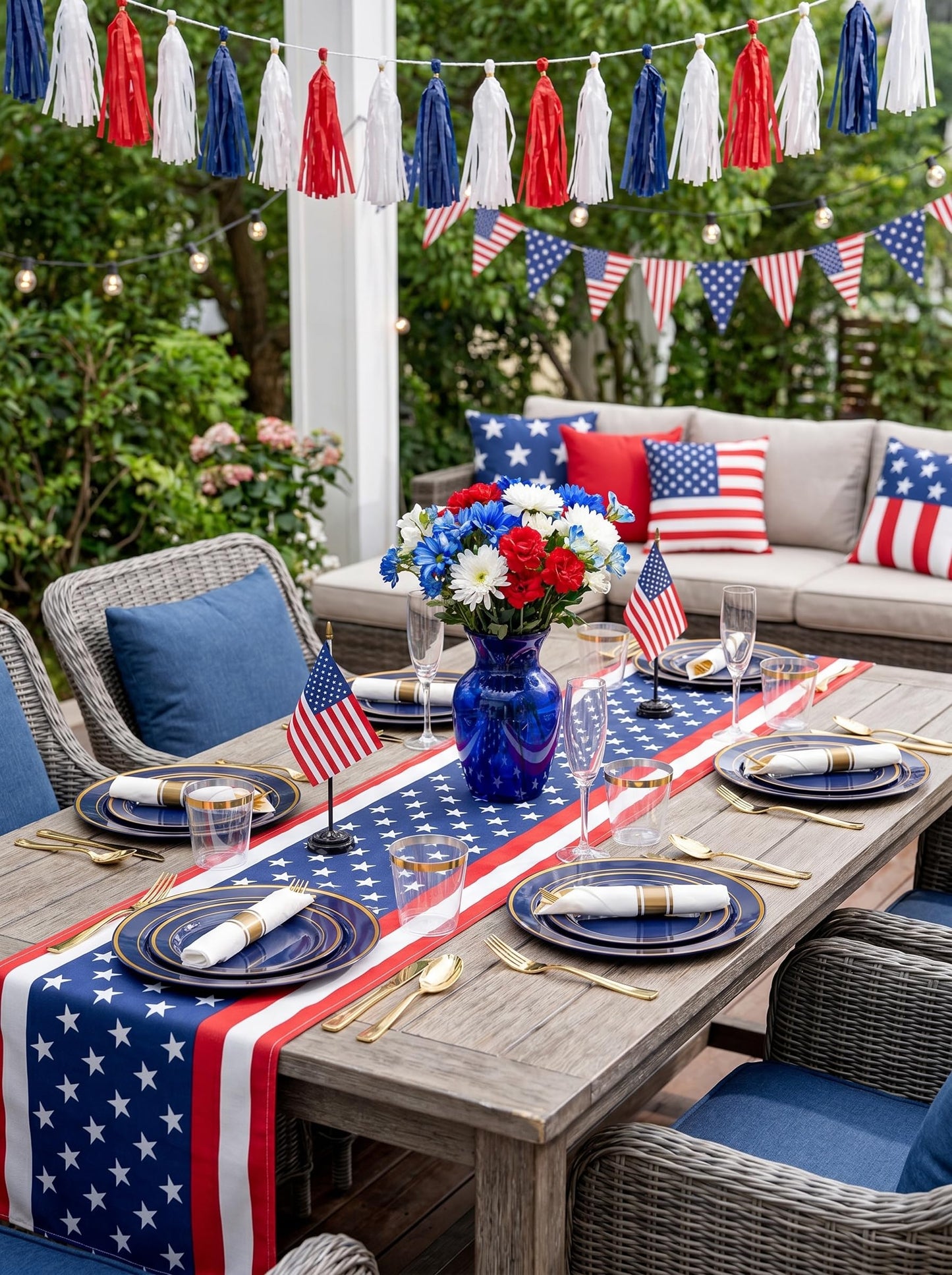 WDF Partyware 175PCS Blue and Gold Plastic Plates - Navy Blue Plates with Pre Rolled Napkins for Party - 25Guest Disposable Dinnerware Sets for Party/Birthday/Wedding/Graduation/4th of July