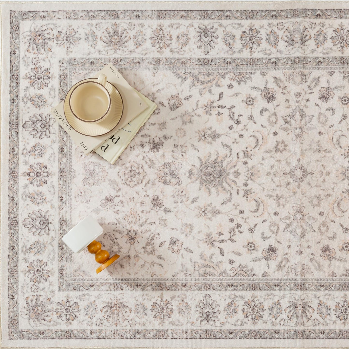 PureCozy 5x7 Area Rug Beige Washable Vintage Carpet Living Room Bedroom Non Slip Stain Soft Resistant Low Pile Thin Boho Accent Indoor Throw Rug for Dining Room Office
